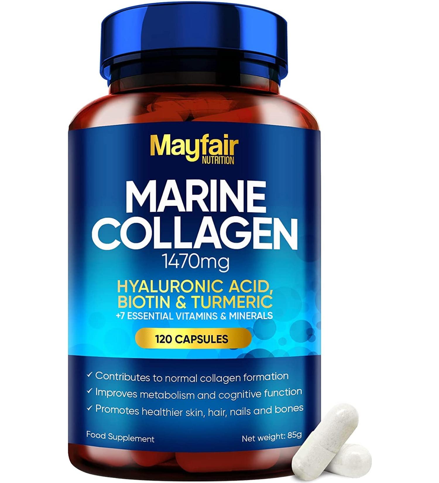 Mayfair Nutrition Marine Collagen Capsules 1470mg Complex - High Strength with Hyaluronic Acid, Biotin, Turmeric, Vitamin C, E, B2, D3 & Minerals - Women's Hydrolyzed Supplements - Made in UK - Buy Online on GoSupps.com