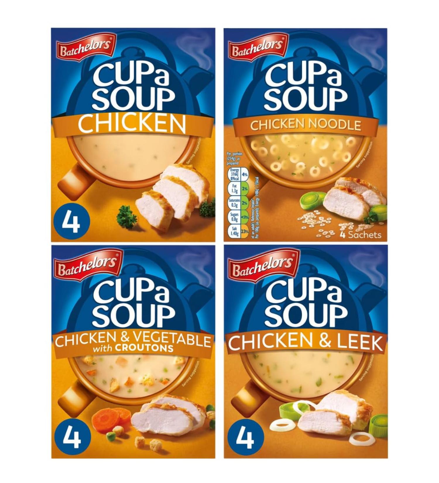 Cup A Soup Bundle with Batchelors Chicken & Leek 86g Chicken & Vegetable with Croutons 110g Chicken Noodle 94g and Chicken Soup 80g (4 Pack)
