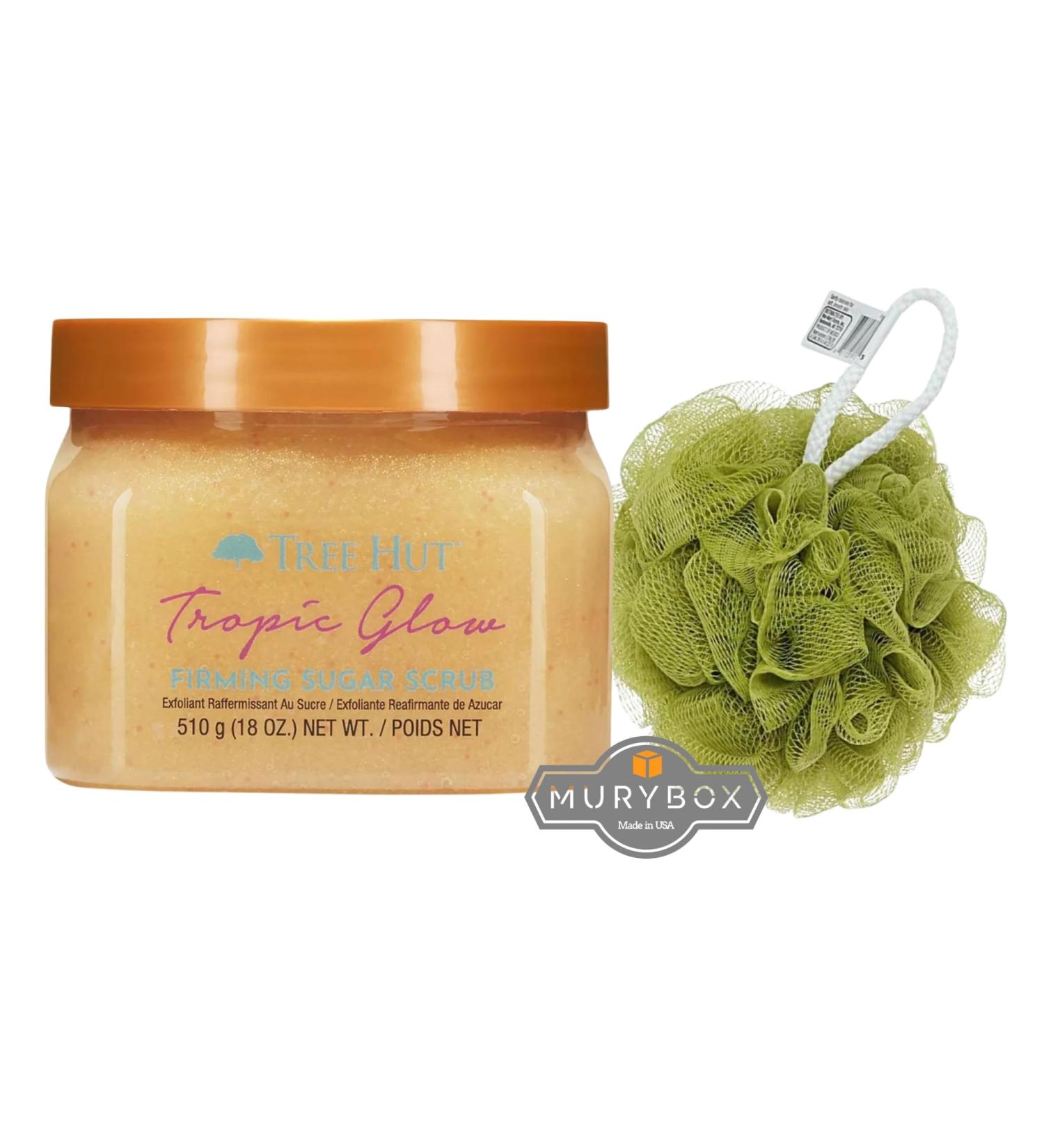 TreeHut Tropic Glow Body Shea Sugar Scrub Exfoliator 18 oz - Exfoliating Body Scrub & Mesh Sponge Combo | International Shipping Available - Buy Online on GoSupps.com