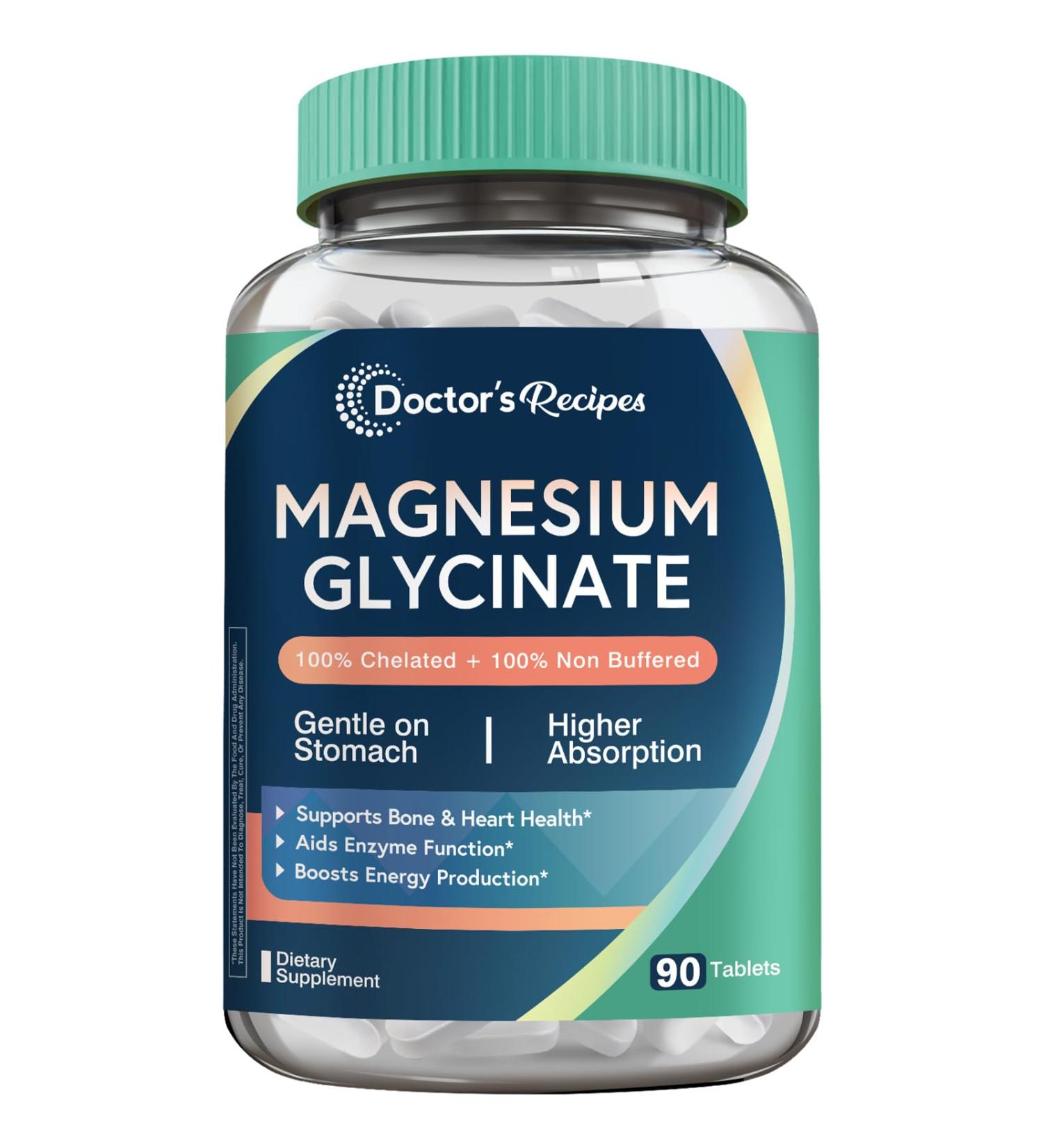 Doctor's Recipes Magnesium Glycinate Chelated Magnesium with High Absorption & Non-Buffered Easy on Stomach No Gluten Bone Nerve & Energy Support 90 Tablets - Buy Online on GoSupps.com