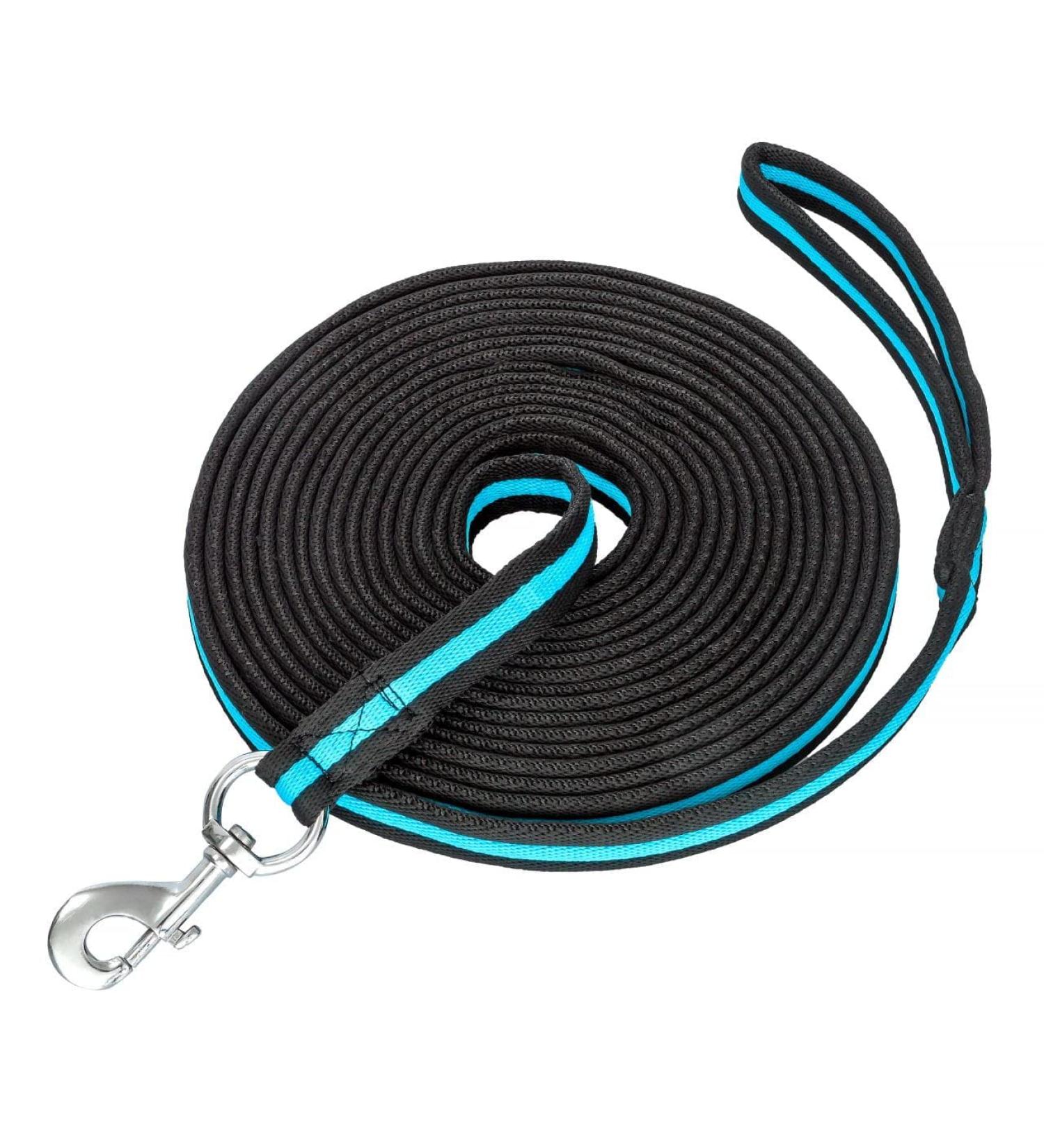 Start lunging line for equestrian horses 8m softlongs made of nylon horse song with hand loop tug line reins with carabiner floor work rope horse (black/petrol)