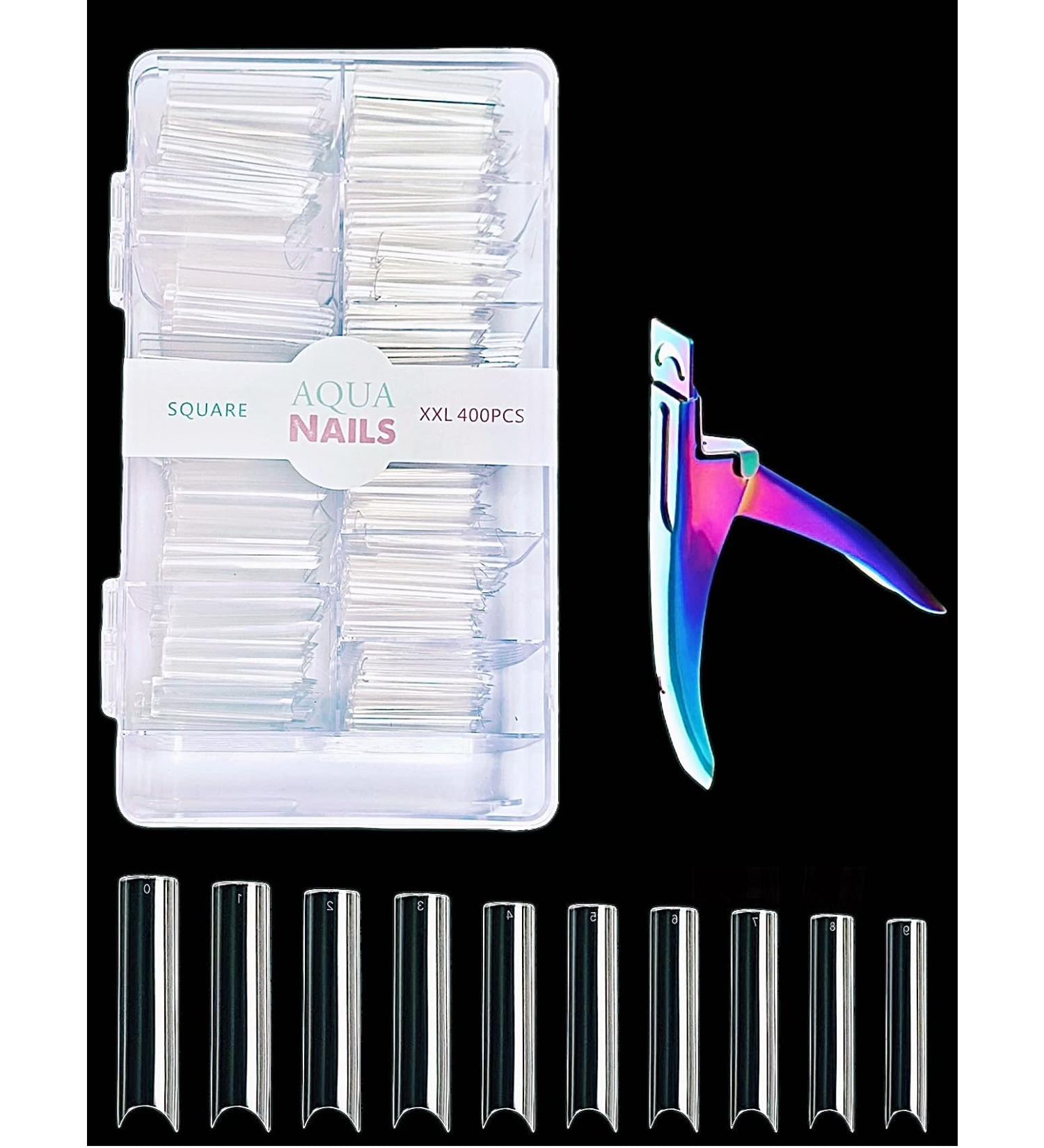 Aqua Nails JUMBO PACK 400 PCS Extra Long C Curve Nail Tips Half Cover Straight Square with Nail Cutter - Natural Clear False Artificial Fake Nails - Buy Online on GoSupps.com