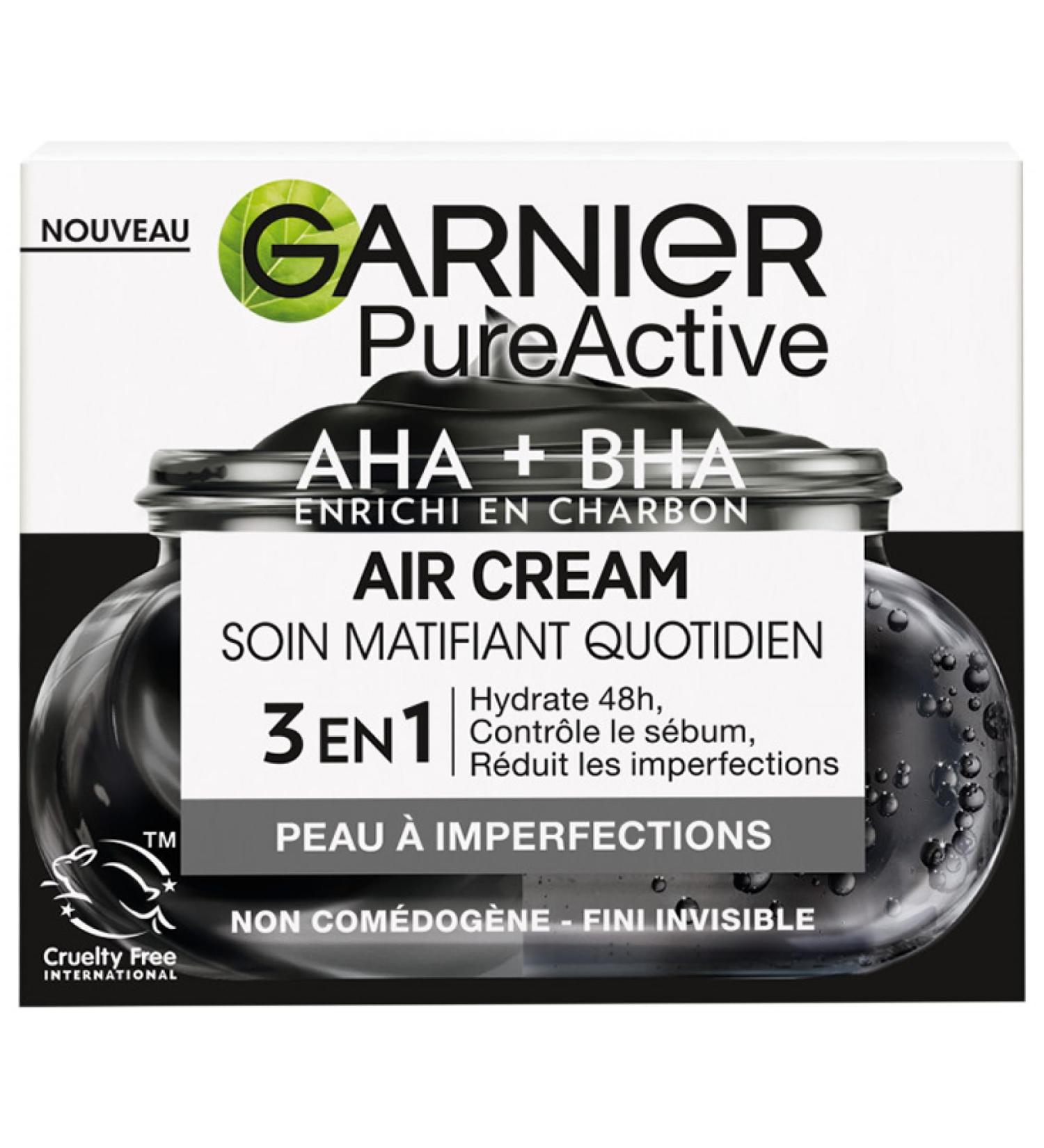 Garnier Pure Active Air Cream Mattifying daily care enriched with AHA + BHA and charcoal hydrates for 48 hours and mattifies for 12 hours* combination to oily skin with acne 50 ml