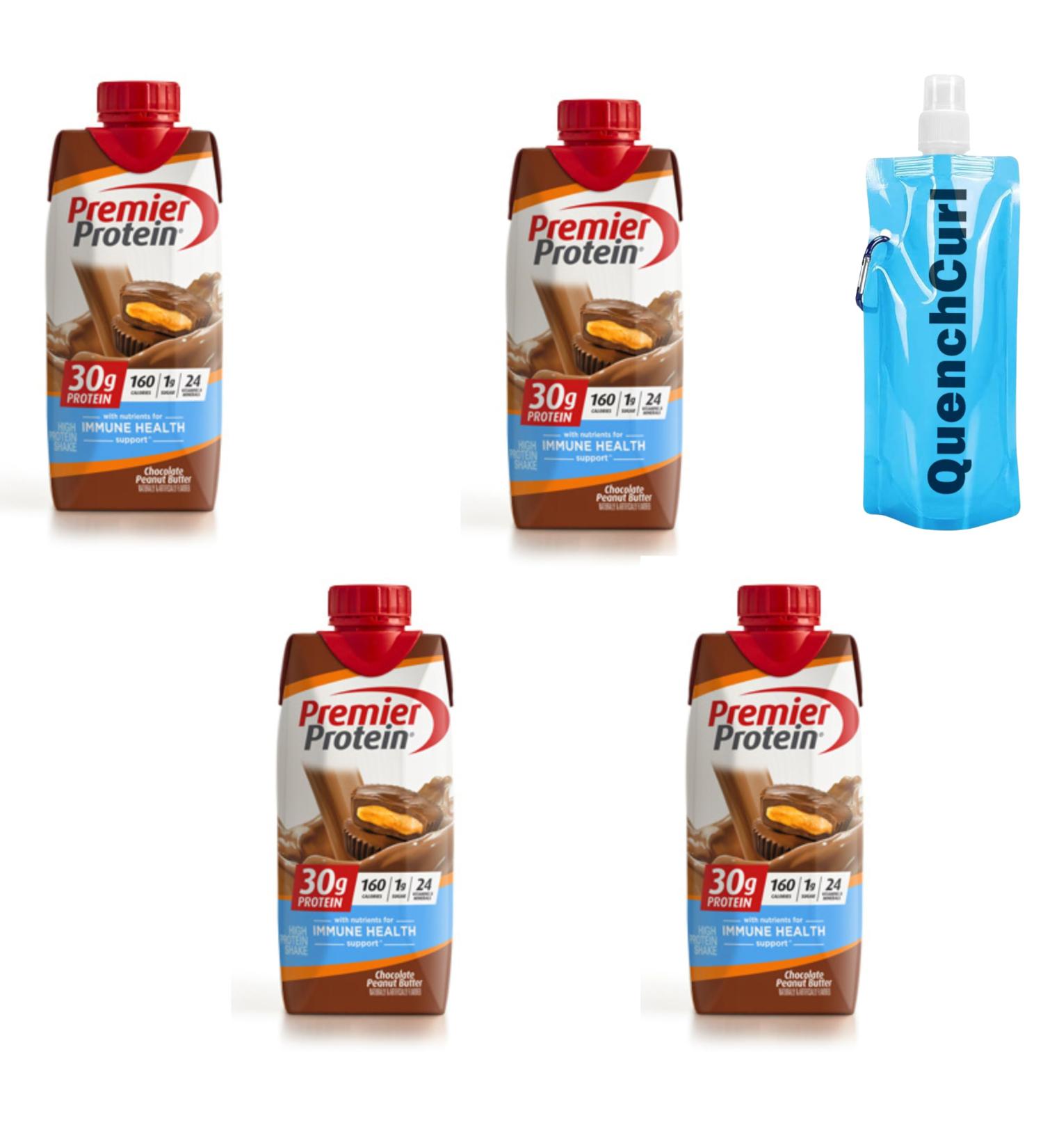 Protein Shake Bundle - Four (4) 11Fl oz Bottles of PremierProtein Delicious and Flavorful 30g High Protein with QuenchCurl Collapsible Bottle - Chocolate Peanut Butter