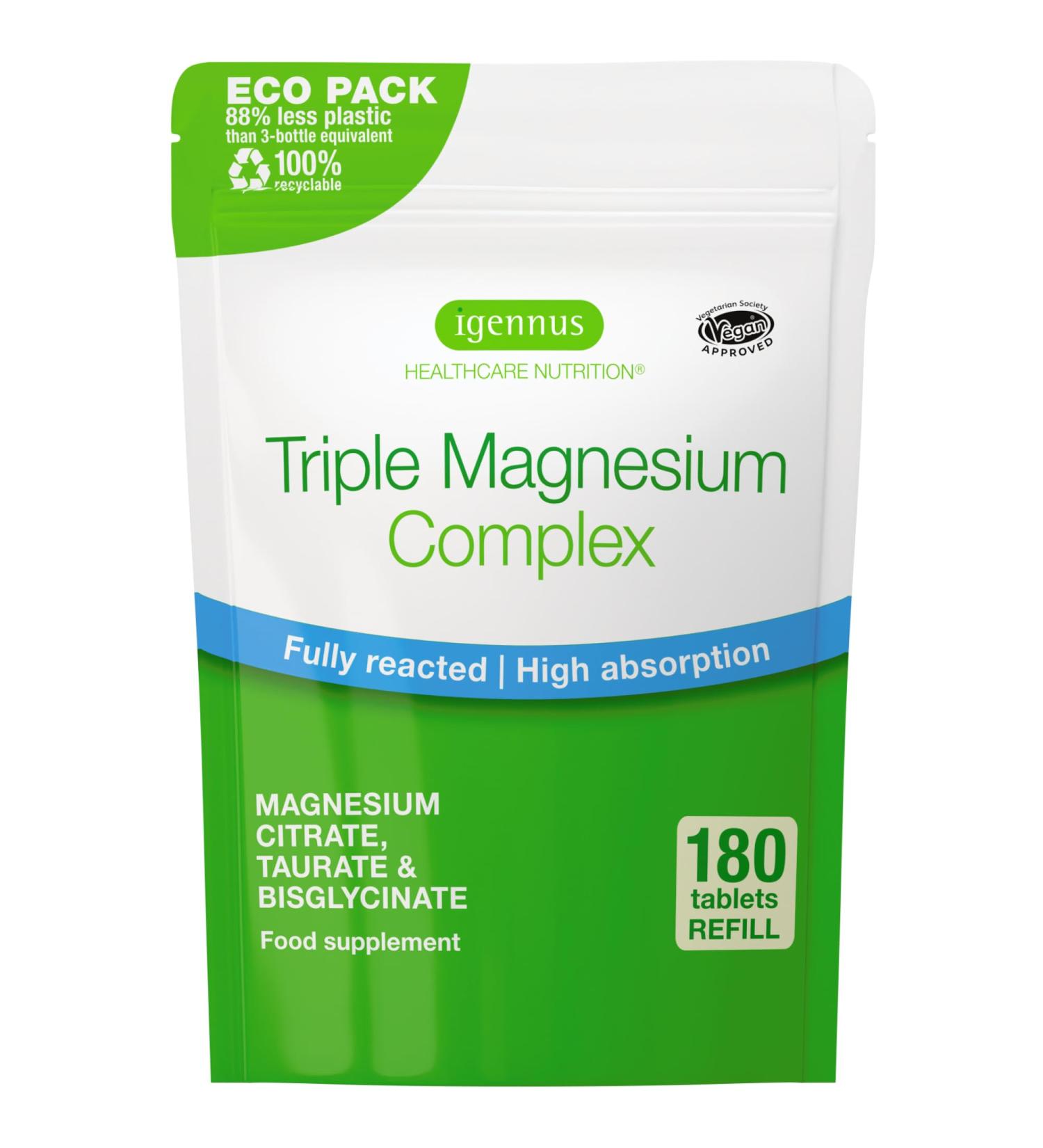 Igennus Advanced Triple Magnesium Complex Fully Reacted & Chelated Glycinate Taurate & Citrate Clean Label High Bioavailability & Absorption 180 Tablets Vegan Non-Buffered 180 Count (Pack of 1) - Buy Online on GoSupps.com