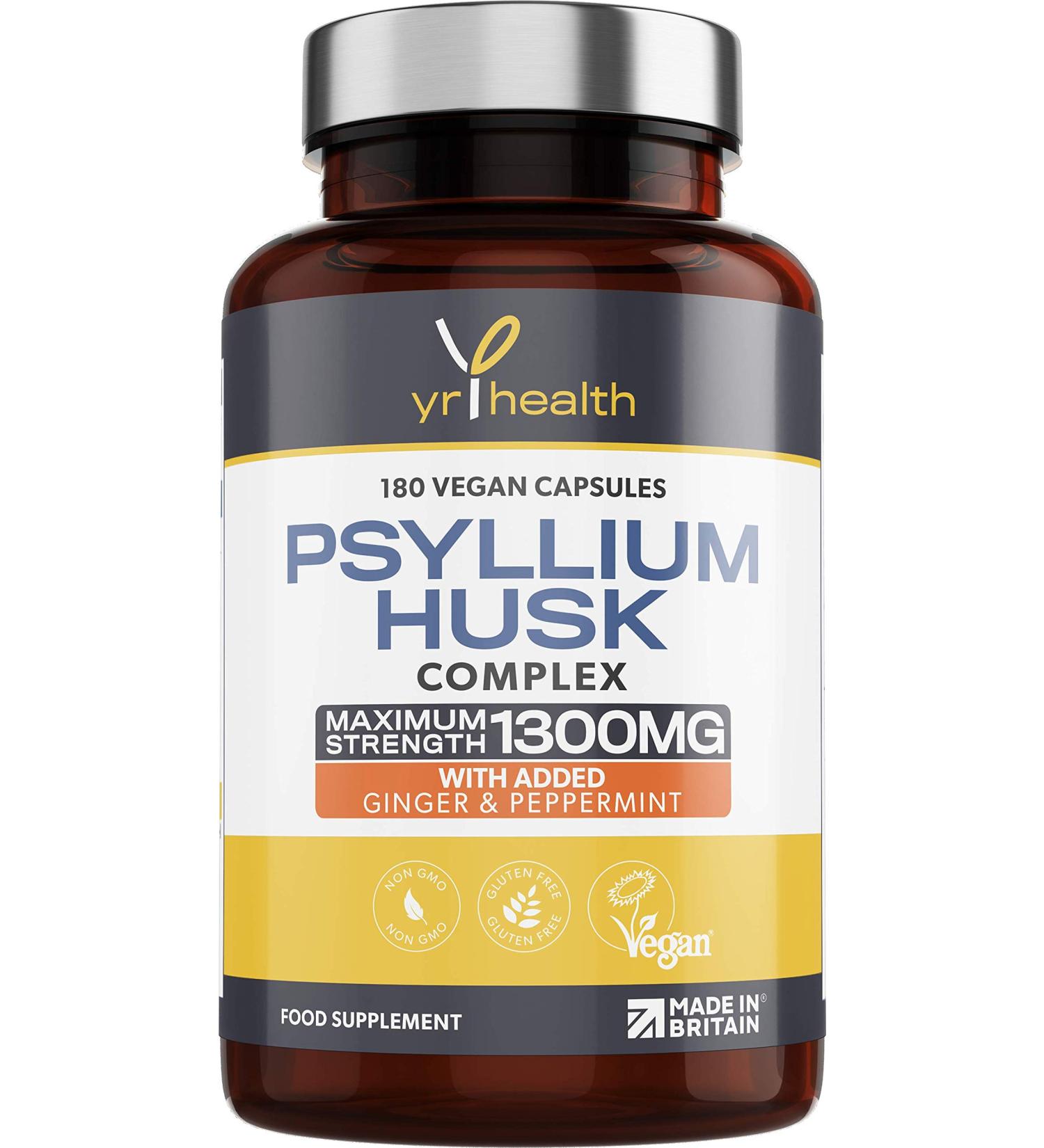 Psyllium Husk Capsules 1300mg - 180 Vegan Capsules with Peppermint & Ginger - High Fiber Supplement - Plantago Ovata Seeds - Made in UK by YrHealth - Buy Online on GoSupps.com