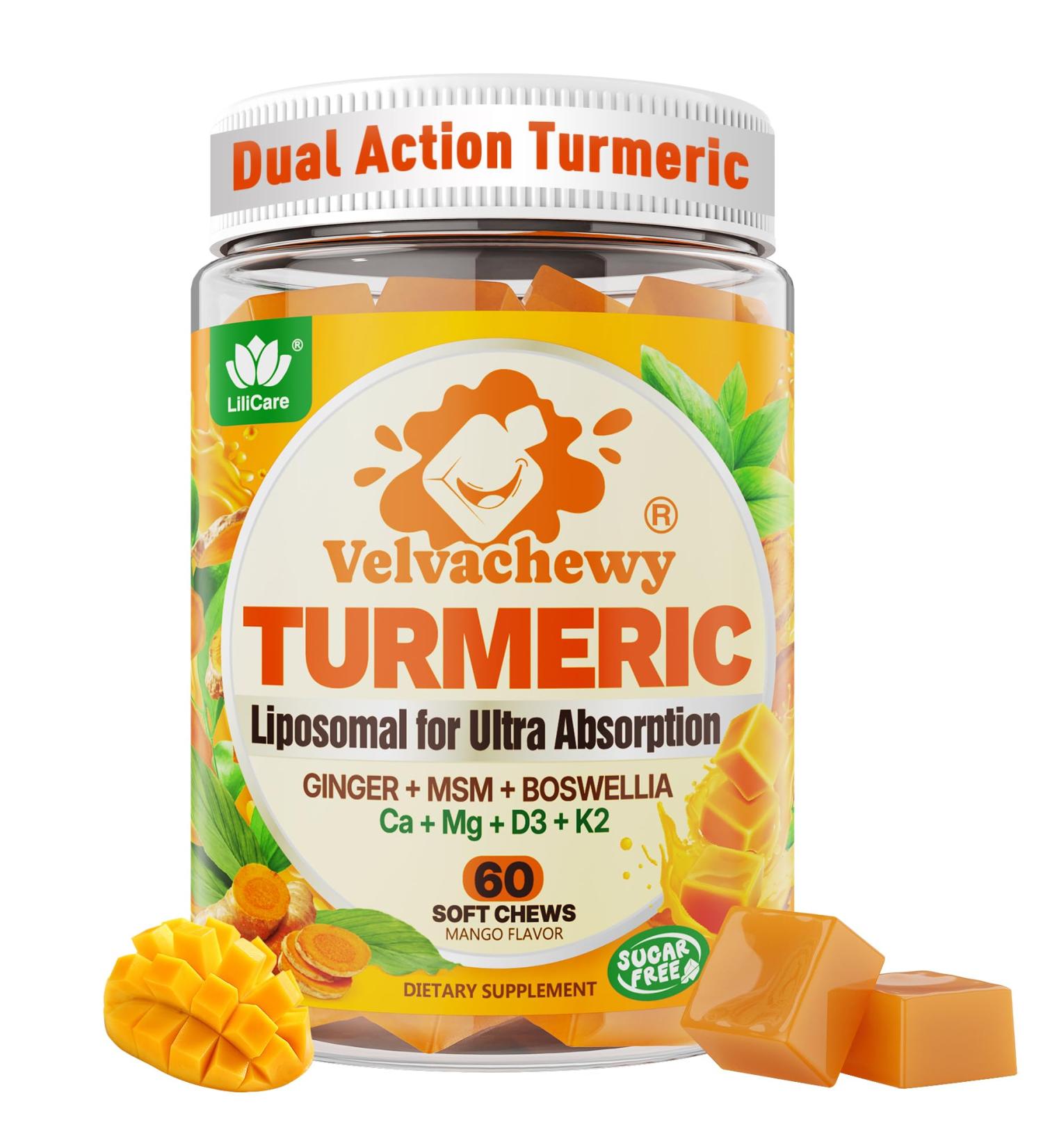 Liposomal Turmeric Curcumin 2000mg + Calcium 600mg & Vitamin D3 K2 Sugar Free Turmeric and Ginger Supplement Chews Gummies with Black Pepper Supports Healthy Response - 95% Curcuminoids Vegan 60ct - Buy Online on GoSupps.com