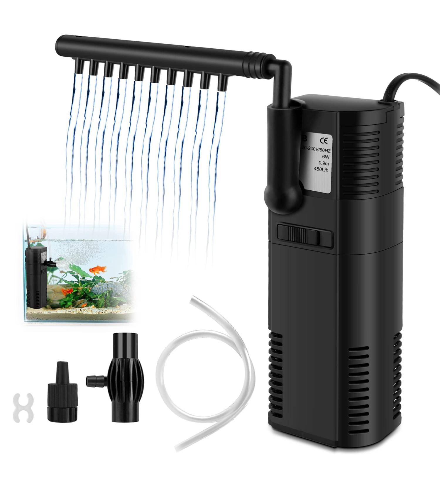 Everfarel Aquarium Corner Filter - Internal Filter Pump with Spray Rod for 300L/450L Fish Tanks (450L/H 6W) - Buy Online on GoSupps.com