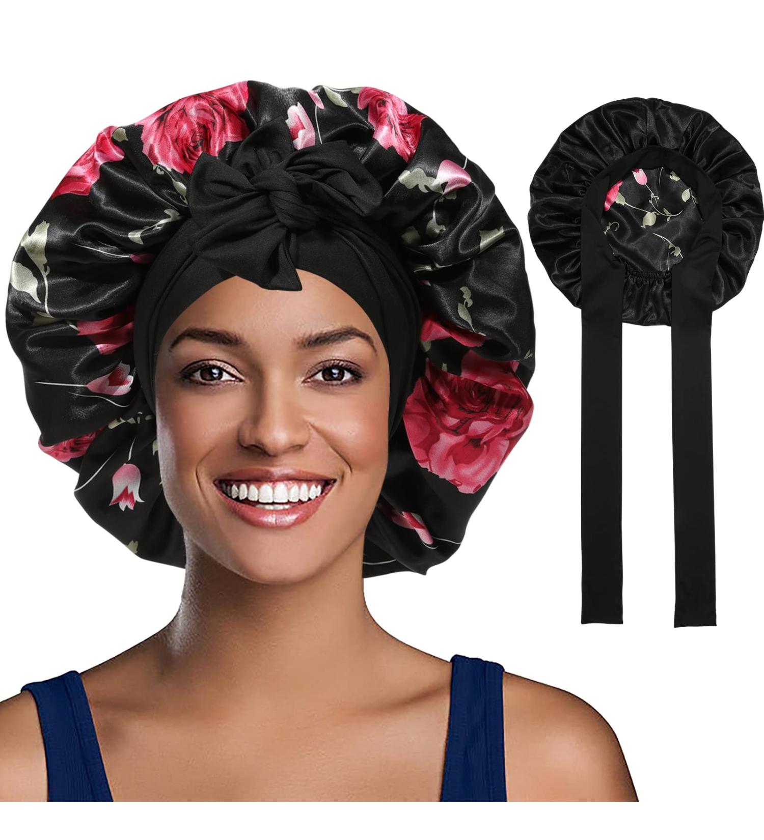 Welrog Satin Hair Hood for Women | Double-Sided Satin Silk Sleep Bonnet | Hair Protection for Night | Flower/Black Design - Buy Online on GoSupps.com