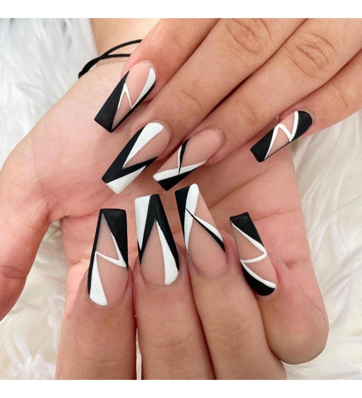 Justotry 24 Pcs Butterfly Fake Nails Medium Black & White French Press On Nails | Matte Ballerina Stick On Nails for Women - Acrylic Coffin False Nails Long with Glue for Nail Art - Buy Online on GoSupps.com