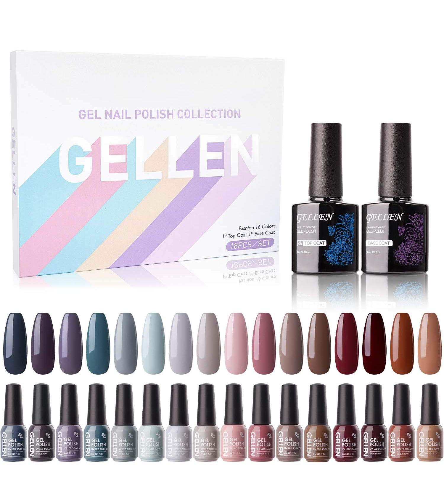Gellen Gel Nail Polish Kit - 16 Cool Neutrals Shades with Top & Base Coats for Elegant Wine Brown & Gray Nails - Starter Nail Polish Set - Buy Online on GoSupps.com