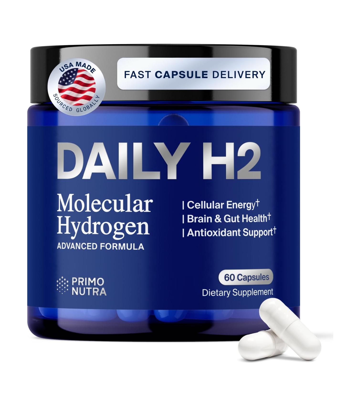 DailyH2 Molecular Hydrogen Capsules | Hydrogen Water Tablets Alternative | Easier than Hydrogen Water for Cellular Energy, Focus & Recovery | H2 for Brain, Gut & Mitochondrial Support | 60 Capsules - Buy Online on GoSupps.com