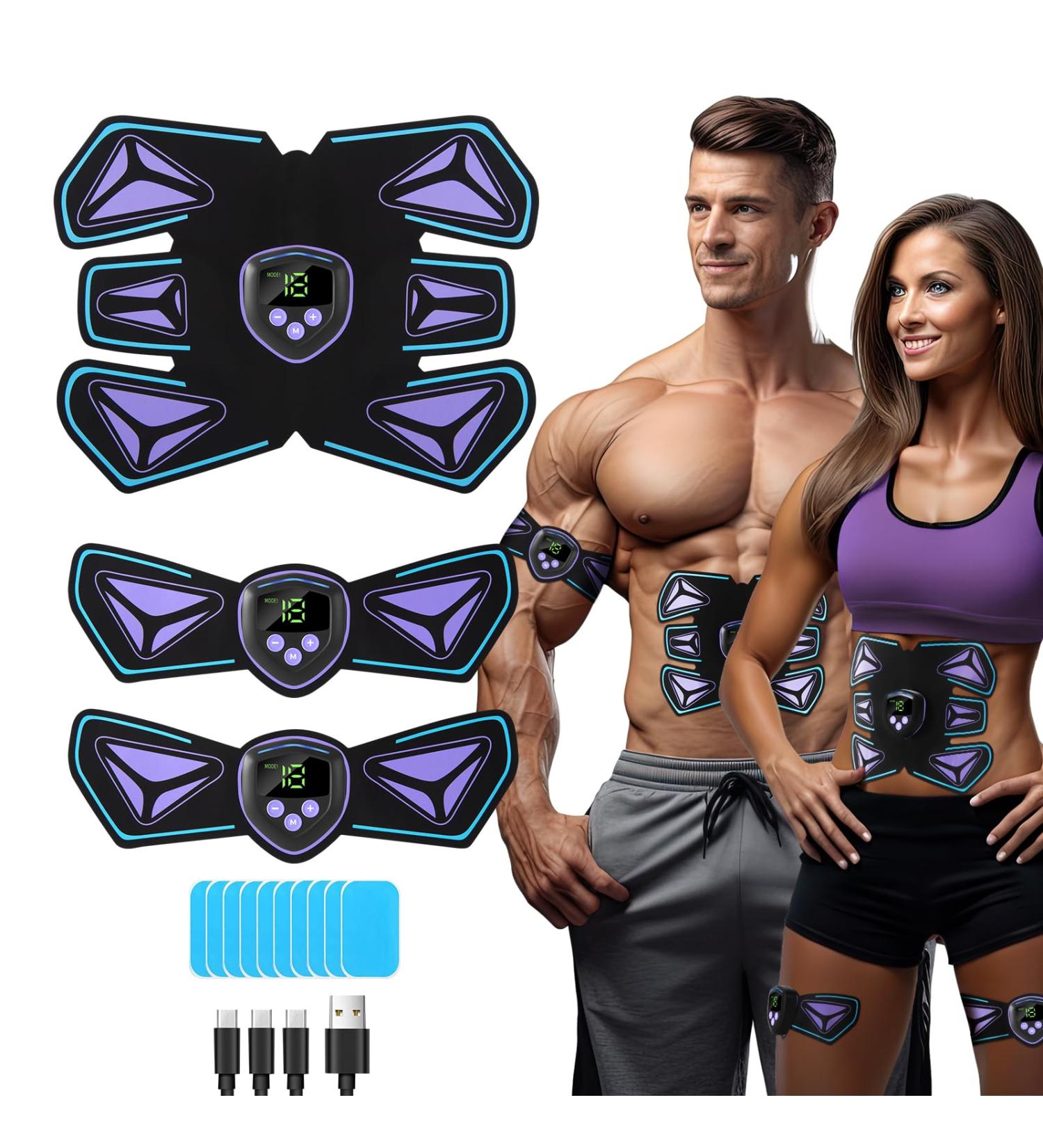 EMS Muscle Stimulator - 8 Modes & 15 Intensities Abdominal Trainer | USB Rechargeable Fitness Device with 10 Gel Pads for Belly Arms & Legs - Flame Violet - Buy Online on GoSupps.com