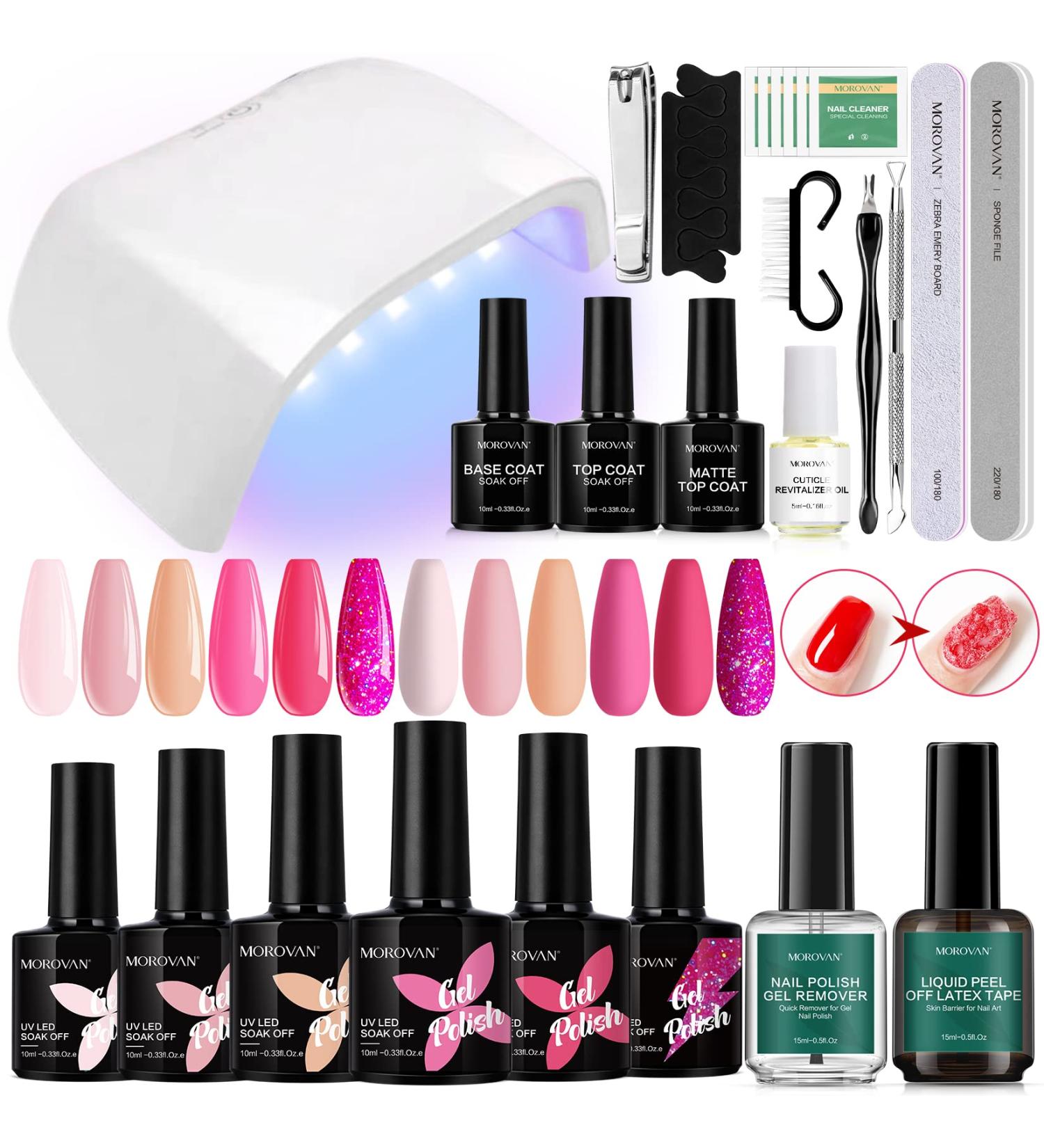 Morovan 6PCS Nude Pink Gel Nail Polish Kit with UV Light for DIY Nail Art | Base, Top Coat & Remover Included - Salon Quality Results at Home - Buy Online on GoSupps.com