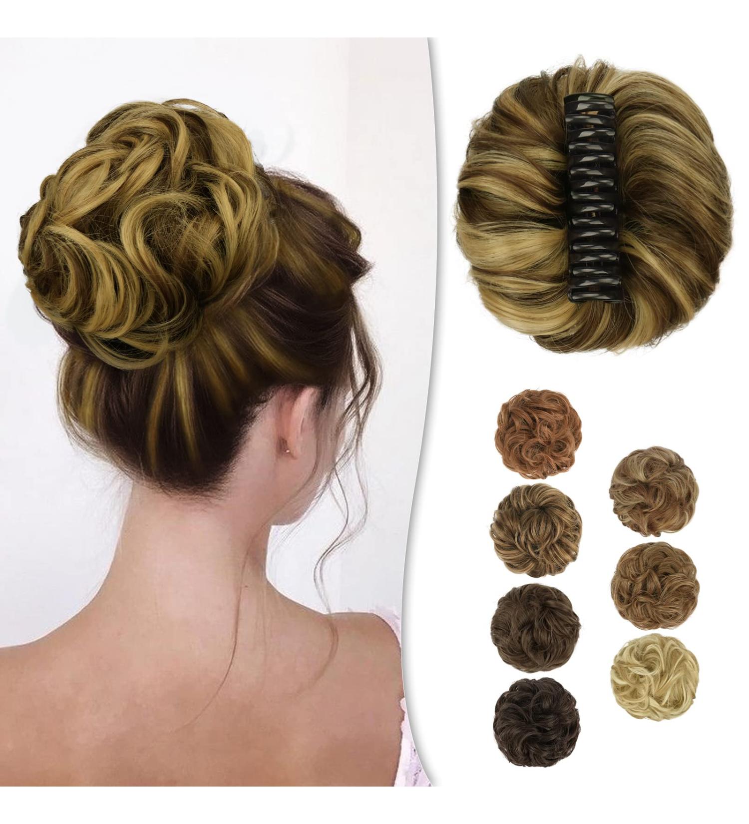 BARSDAR Claw Clip Messy Bun Hairpiece in Sandy Blonde with Caramel Brown Highlights - for Women, Curly Synthetic Hair Bun Extension for Ponytail Updo Chignon - Buy Online on GoSupps.com