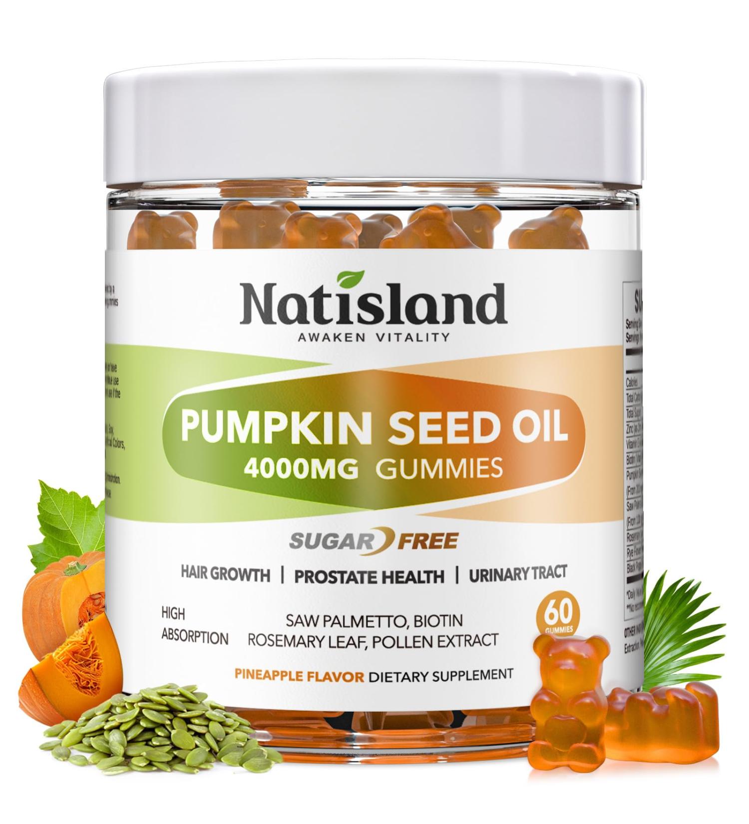 NATISLAND Pumpkin Seed Oil Gummies with Saw Palmetto Cold Pressed Pumpkin Seed Oil Supplement for Hair Growth Prostate Health & Urinary Tract Support Sugar Free Vegan Pineapple Flavor 60 Count - Buy Online on GoSupps.com