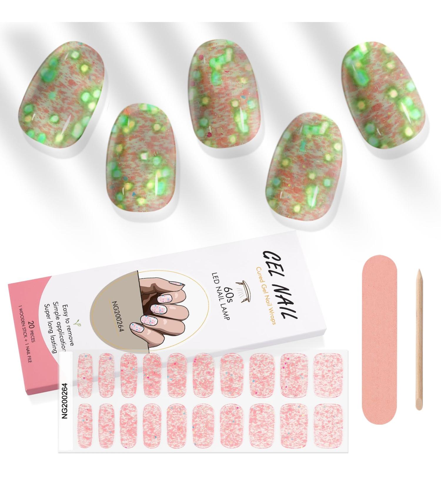 Kalolary 20PCS Luminous Glitter Gel Nail Polish Strips - Glow in the Dark Adhesive Full Wrap Sticker Set with Nail File - Waterproof Pink Gel Nail Wrap Stickers - Buy Online on GoSupps.com
