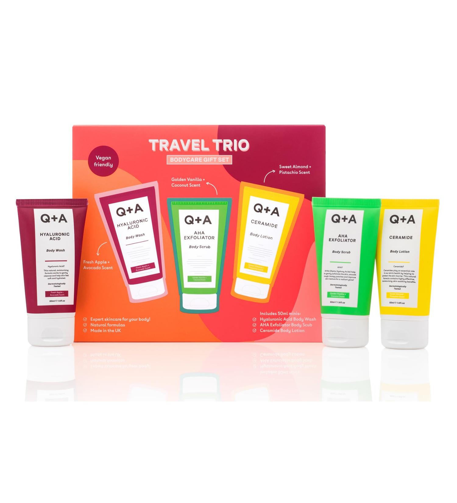 Q+A Travel Trio Body Care Giftset containing a Hyaluronic Acid Body Wash AHA Exfoliator Body Scrub and a Ceramide Body Lotion each item 50ml - Buy Online on GoSupps.com