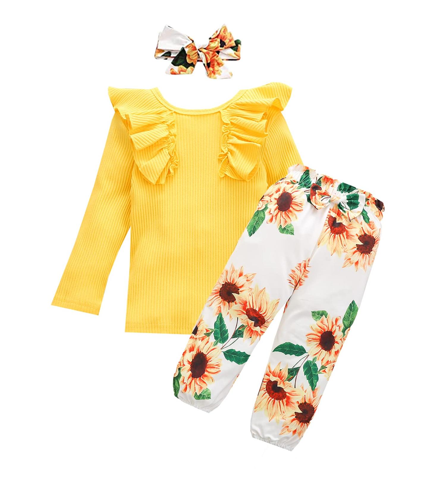 OFIMAN Toddler Girl Outfit Set | Ruffle Top, Floral Pants, Bow Headband | 2-3 Years | Yellow - Buy Online on GoSupps.com