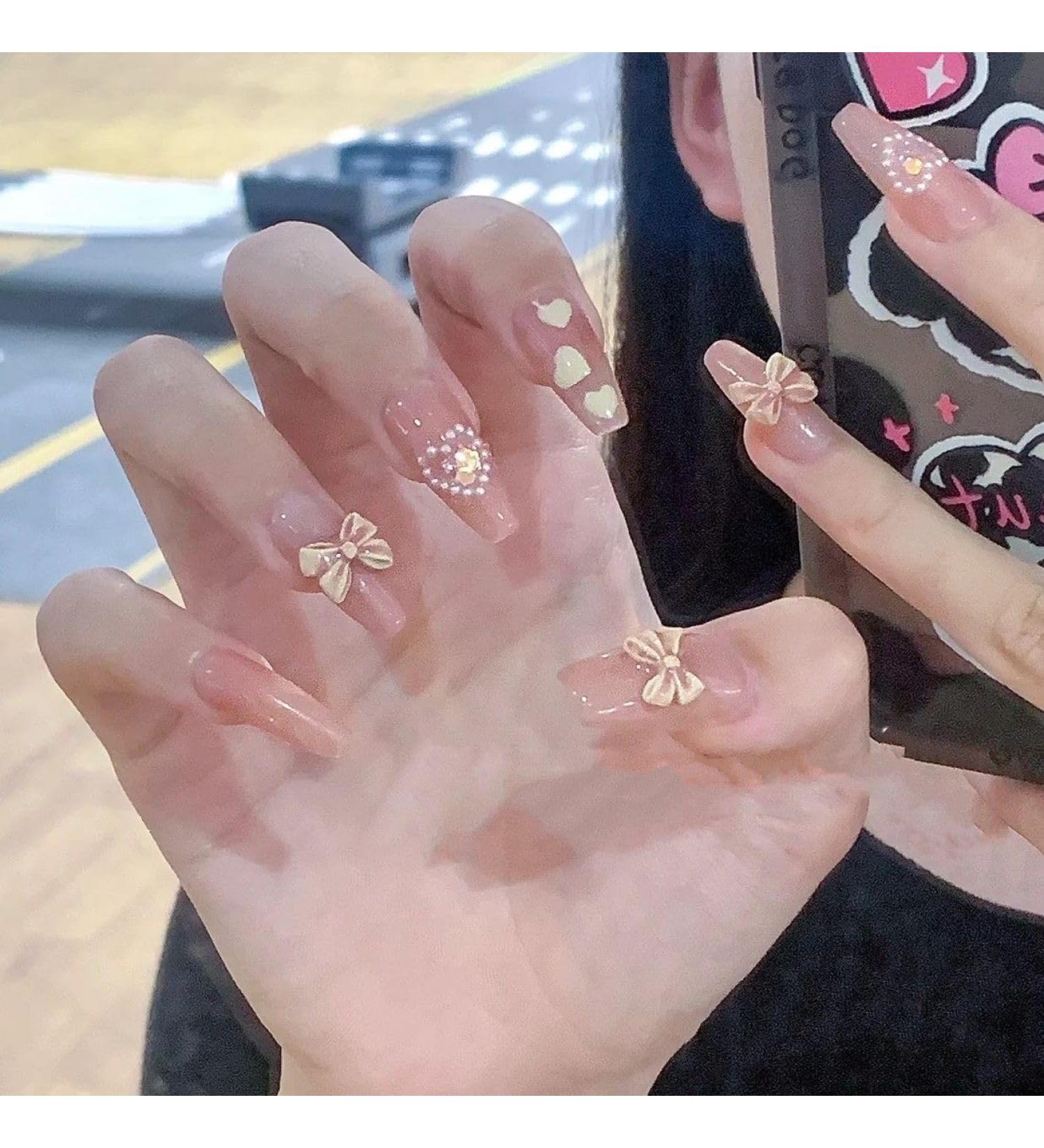Nude colored pearl bow hand worn nail ladder wearable nail patch detachable fake nails 10pcs (Size : S) - Buy Online on GoSupps.com