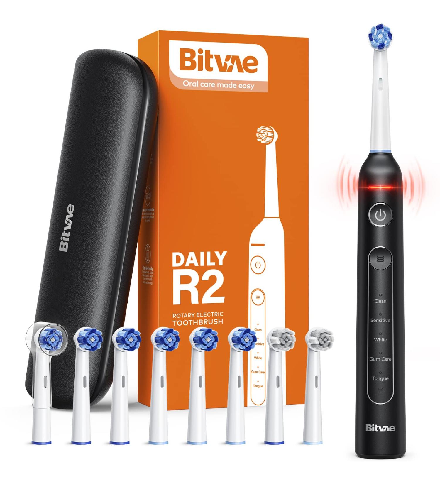 Bitvae R2 Rotating Electric Toothbrush for Adults - 8 Brush Heads, Travel Case, 5 Modes, Rechargeable & Fast Charging - Black - Buy Online on GoSupps.com