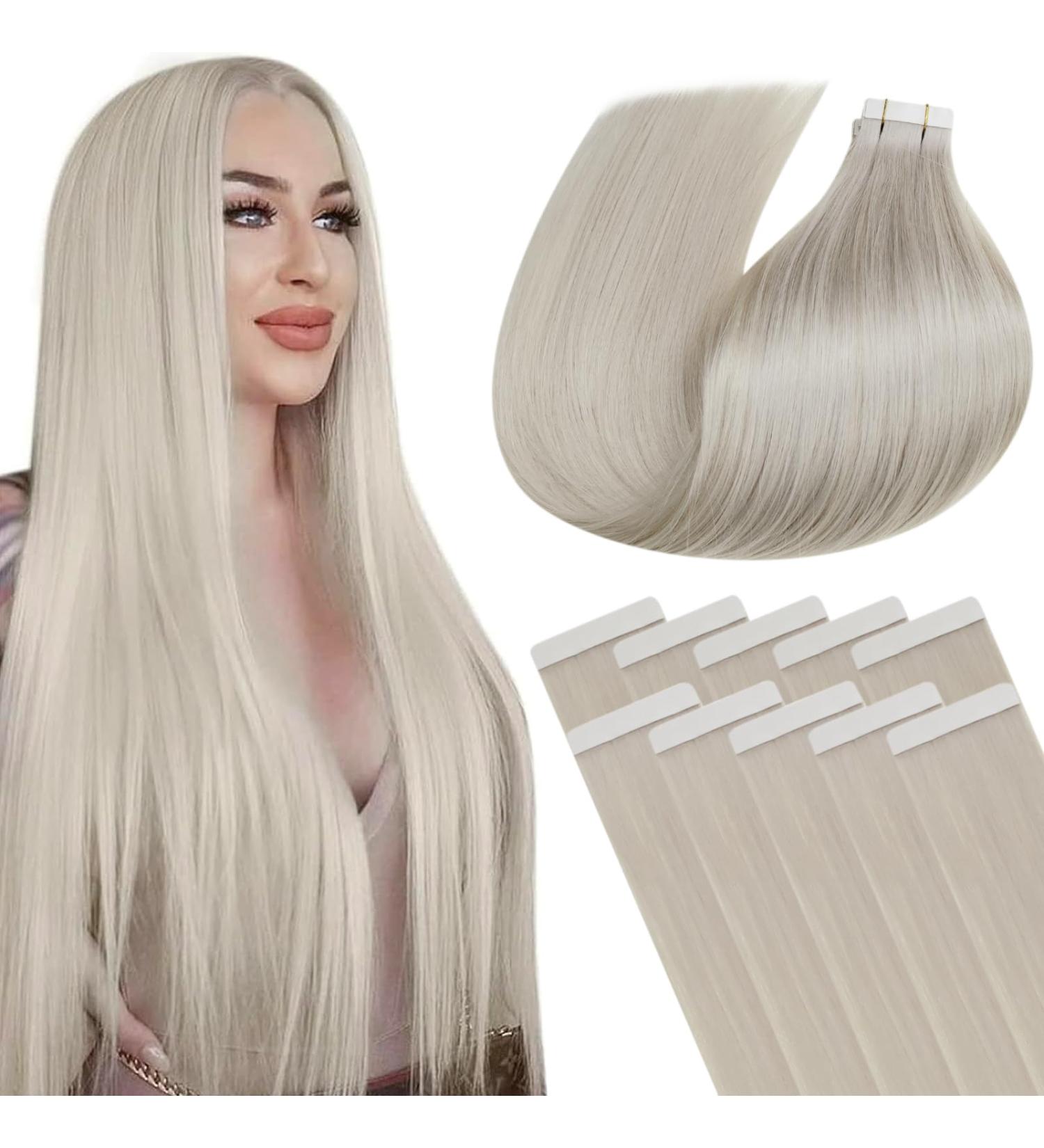 LAAVOO Tape Extensions - Platinum Blonde Real Hair 10pcs 35cm | Premium Remy Hair Tape Extensions #60 - Buy Online on GoSupps.com