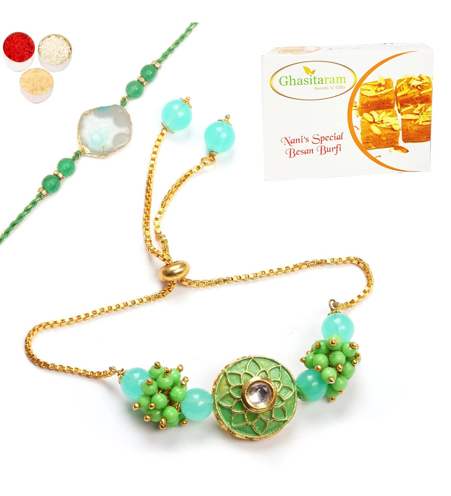 Ghasitaram Gifts Rakhis Online - Rakhi for Brother-T-12 Green Stone Bhaiya Bhabhi Rakhi with 200 GMS of Besan Barfi Rakhi Set with 200 gms of Besan Barfi - Buy Online on GoSupps.com