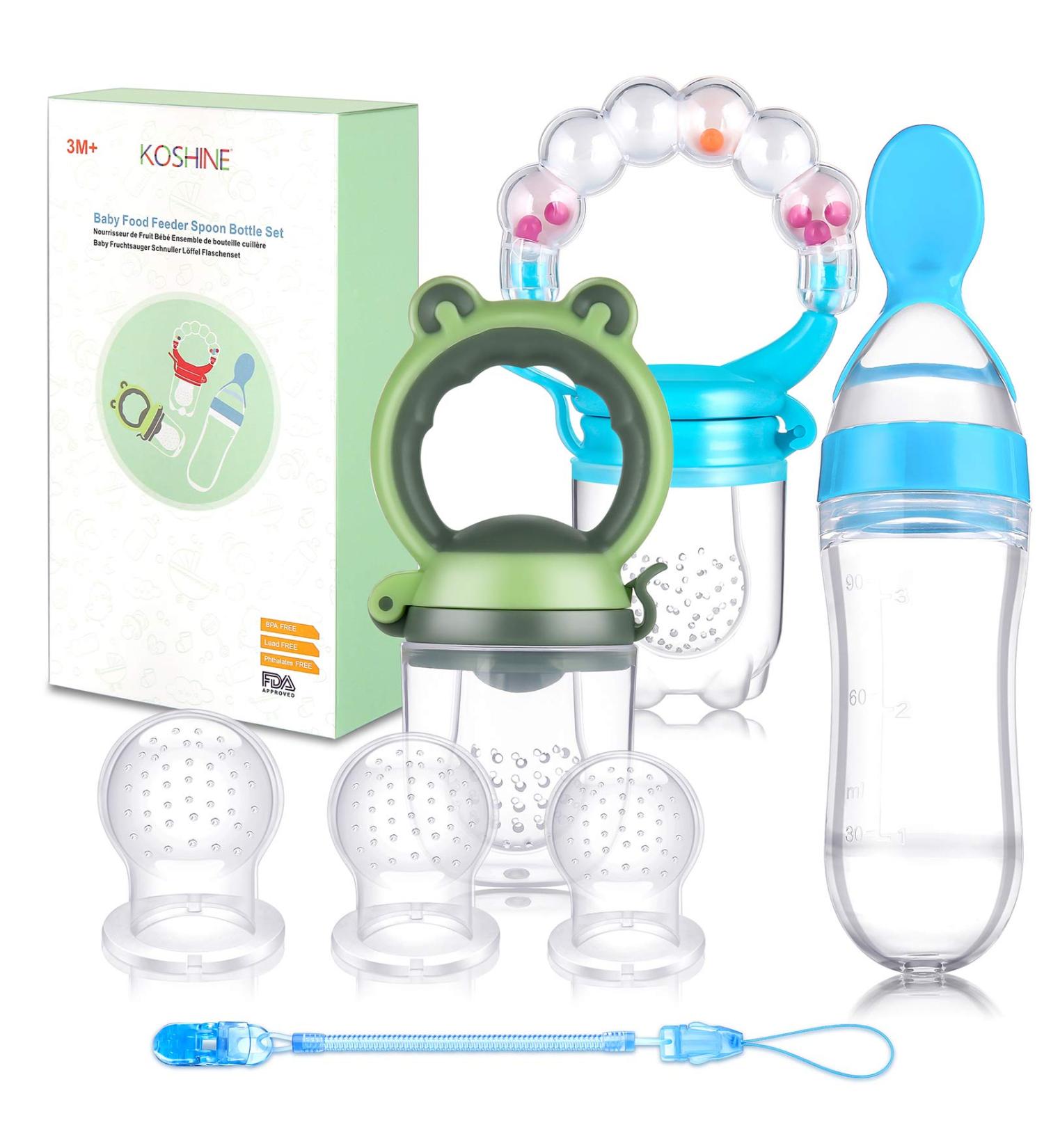 Baby Food Feeder Set - Silicone Rattle Pacifier with 125ml Squeeze Spoon for Teething - Blue - Buy Online on GoSupps.com