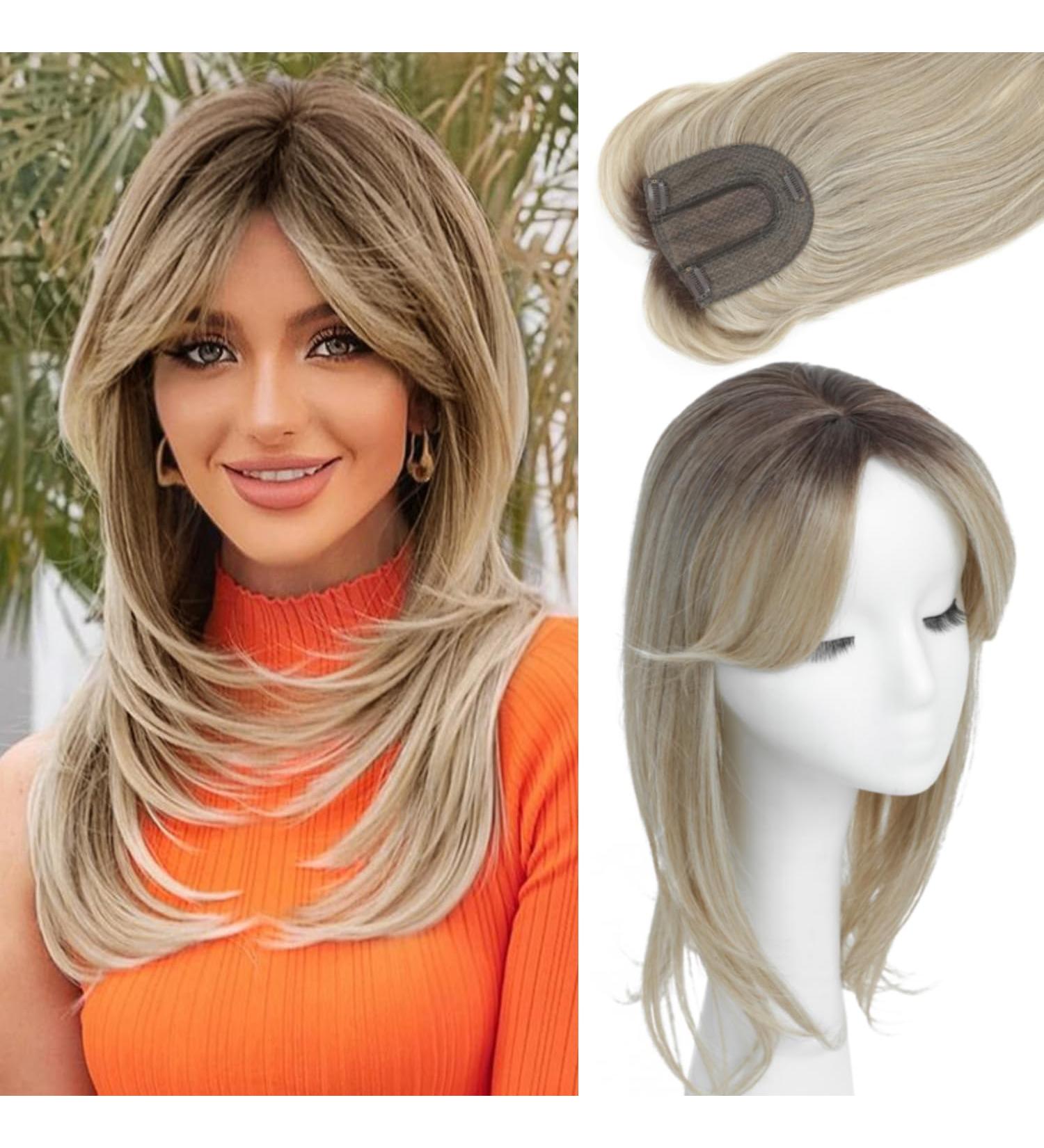 14 inch Hair Topper for Thinning Hair - Big Base Women's Hair Piece for Hair Loss - Soft Extensions Fringe - Cool Blonde Mix - Clip in Topper - Buy Online on GoSupps.com