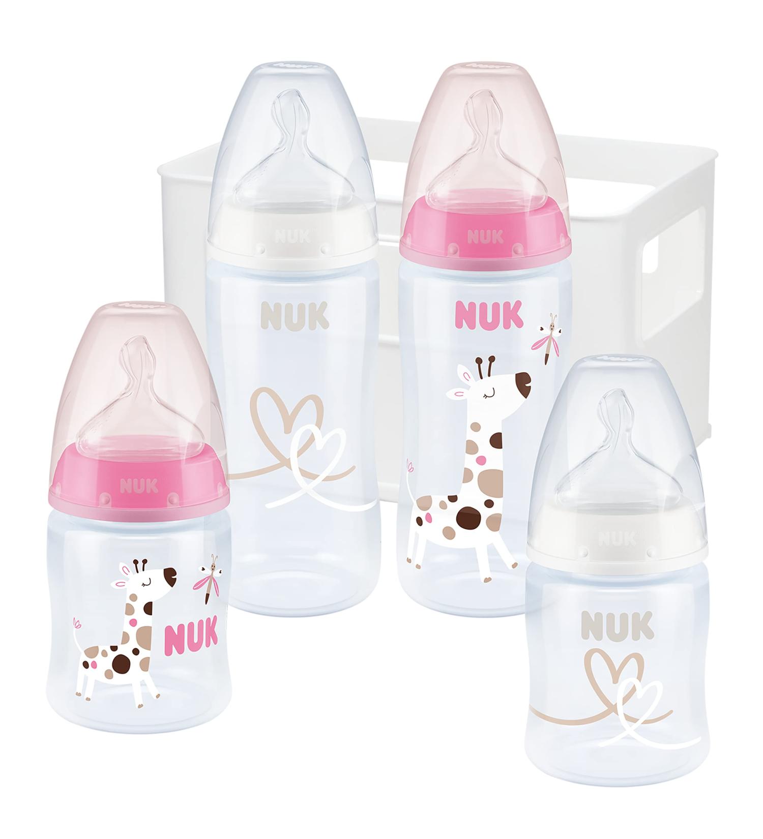 NUK First Choice+ Baby Bottle Starter Set | 0-6 Months | 4 Bottles with Temperature Control & Anti-Colic Air System in Pink Giraffe Design | BPA Free | 5-Piece Set - Buy Online on GoSupps.com