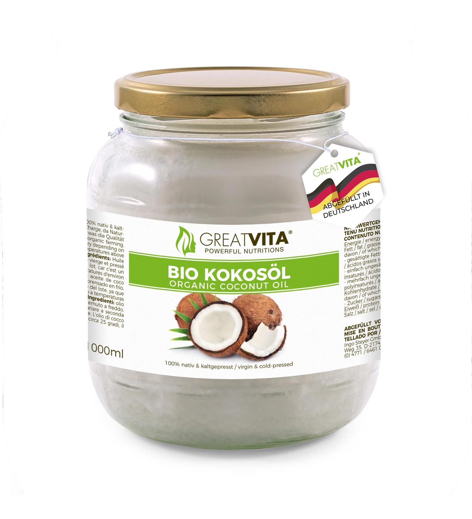 GreatVita Organic Virgin Coconut Oil 1000ml - Premium Glass Jar for Cooking Baking Skin & Hair Care - Buy Online on GoSupps.com