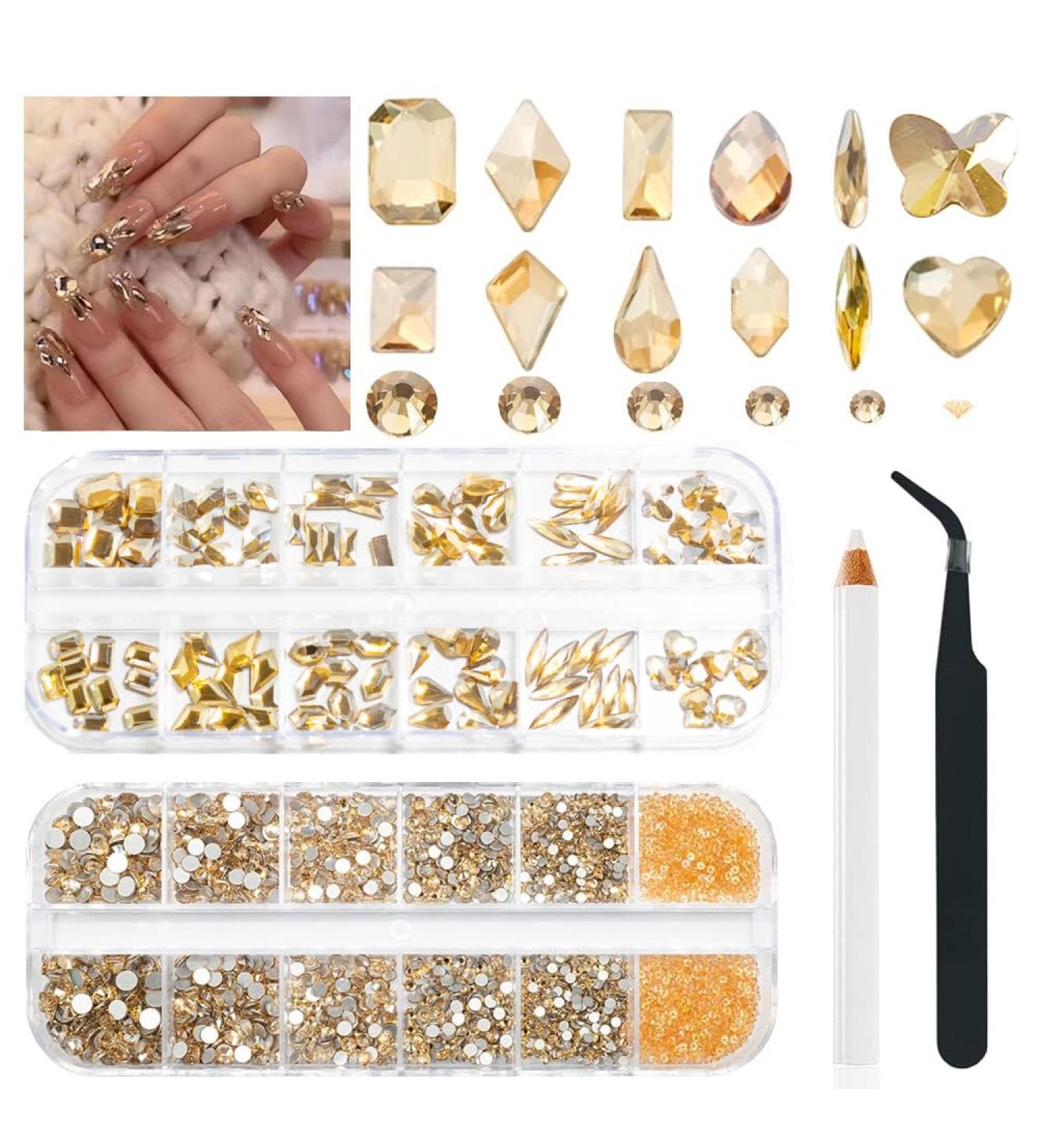 2680 Pcs Champagne Gold Rhinestones Nail Gems for Nail Art Glass Crystals Nail Rhinestones Shiny Assorted Shape Flatback Face Gems with Rhinestones Picker and Tweezers Nail Art Tools - Buy Online on GoSupps.com