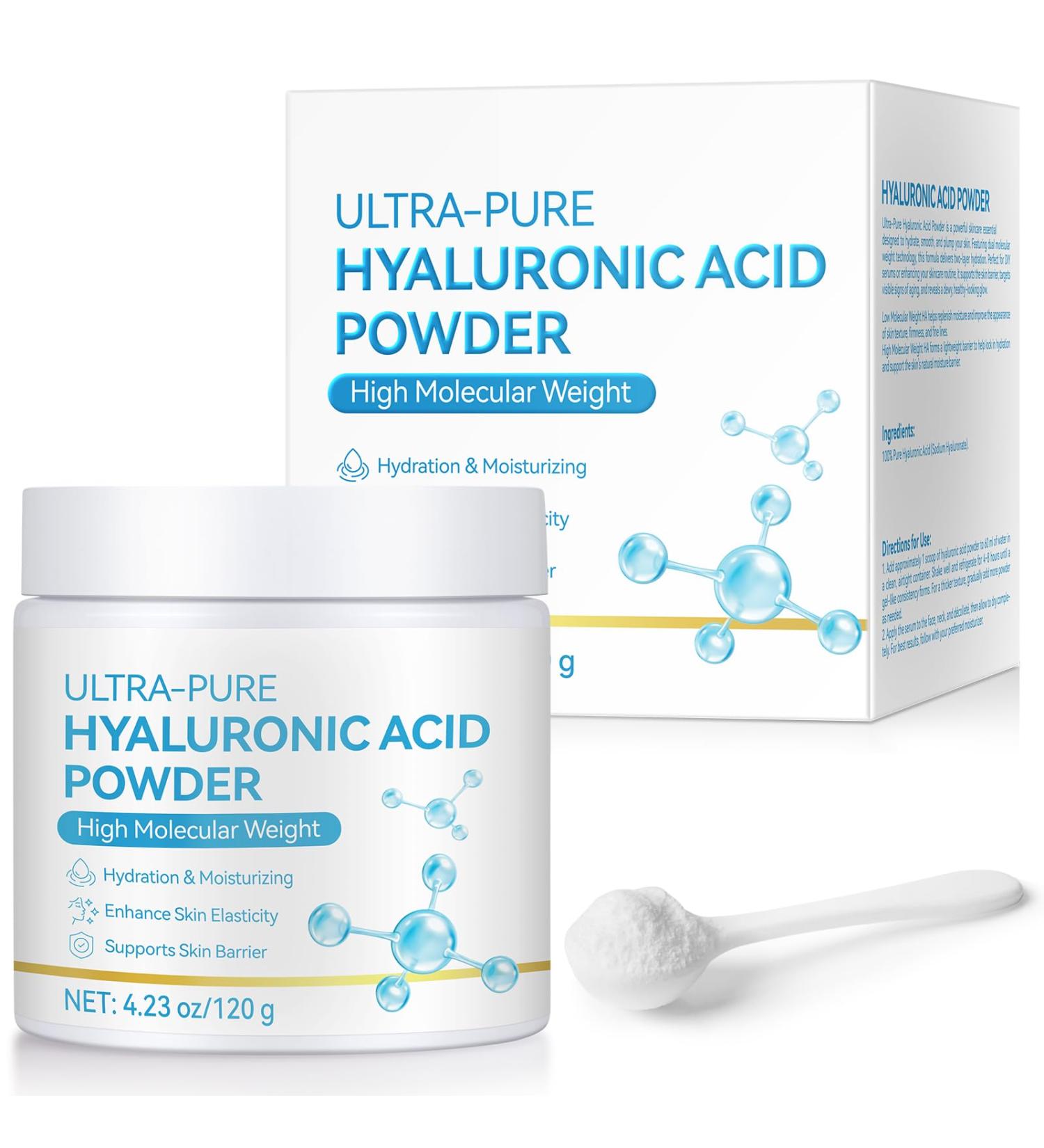 Pure Hyaluronic Acid Serum Powder for Skin & Face 120G High Molecular Weight Anti Aging Hyaluronic Acid serum Water Soluble Fine Powder Gluten Free Non-GMO- Includes Scoop - Buy Online on GoSupps.com