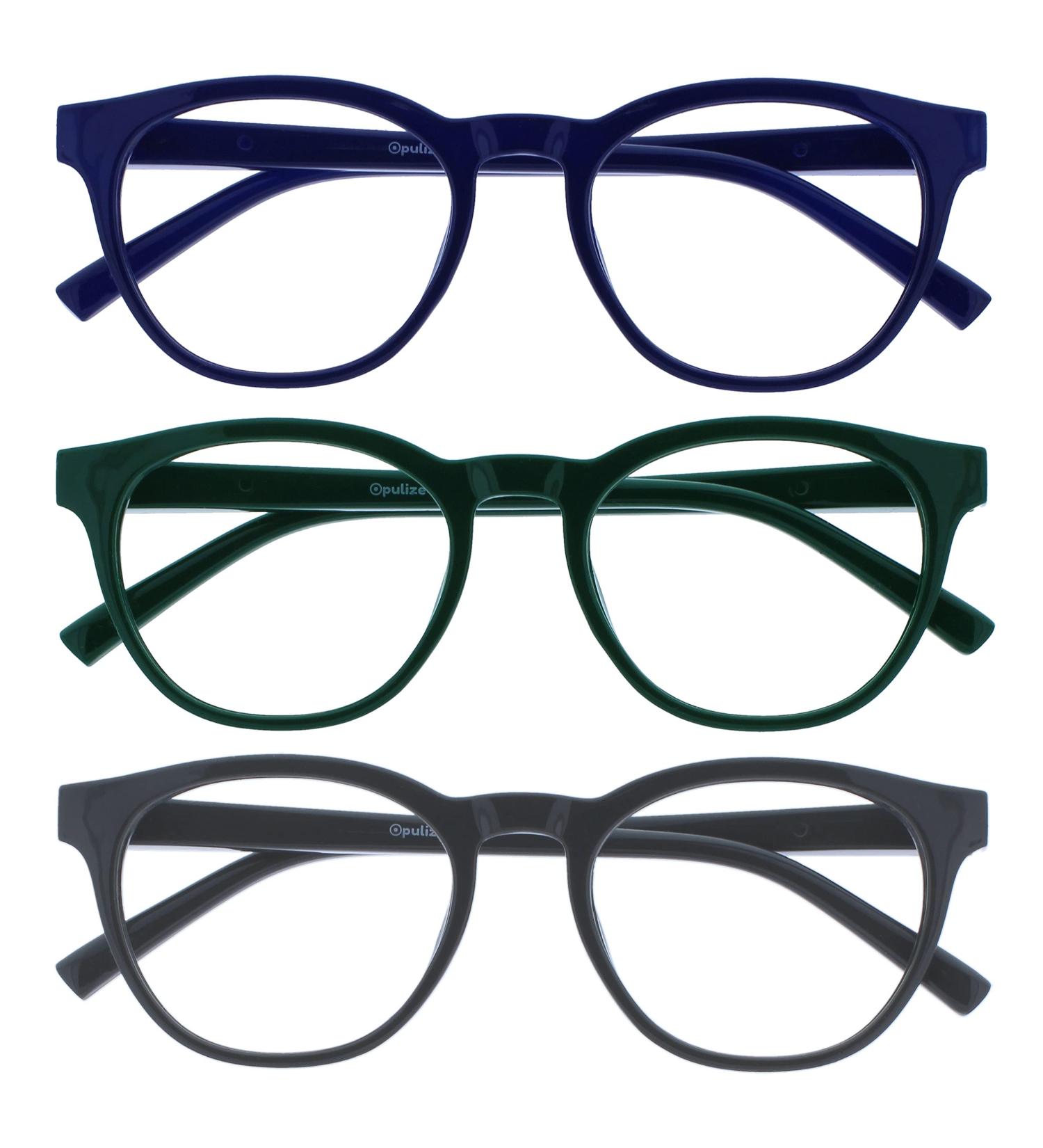 Opulize Blu - Blue Light Filter Reading Glasses 3 Pack | Cool Frame Feder Hinges | Improve Sleep for Men & Women | +2.50 Diopters - Blue/Green/Gray - Buy Online on GoSupps.com