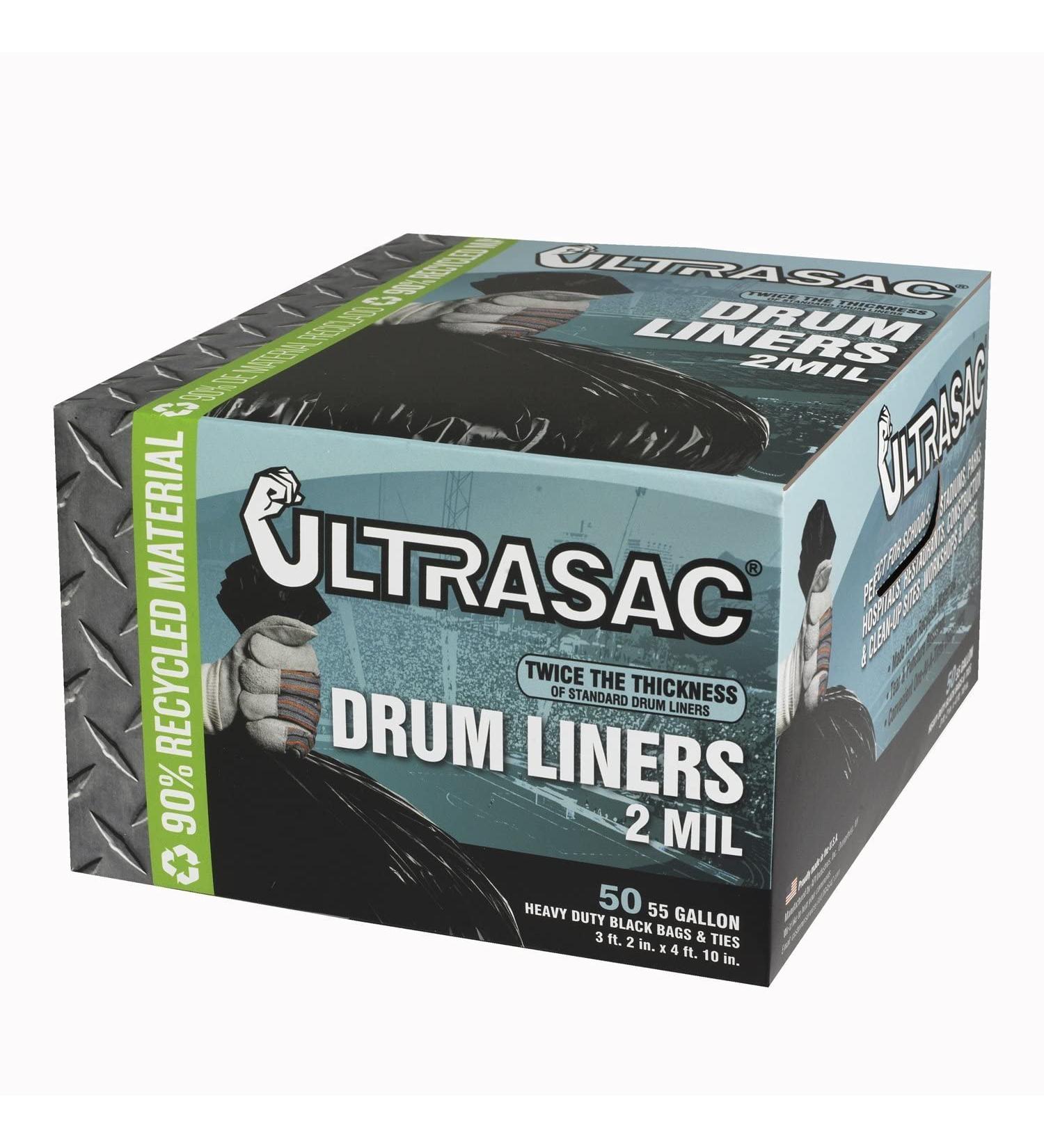 Ultrasac Heavy Duty 55-60 Gallon Trash Bags - (Large 50 Pack/w Ties) - 2 MIL Industrial Strength Plastic Drum Liners 38" x 58" Professional Black Garbage Bags for Construction, Contractors Black 2.0 MIL Bags