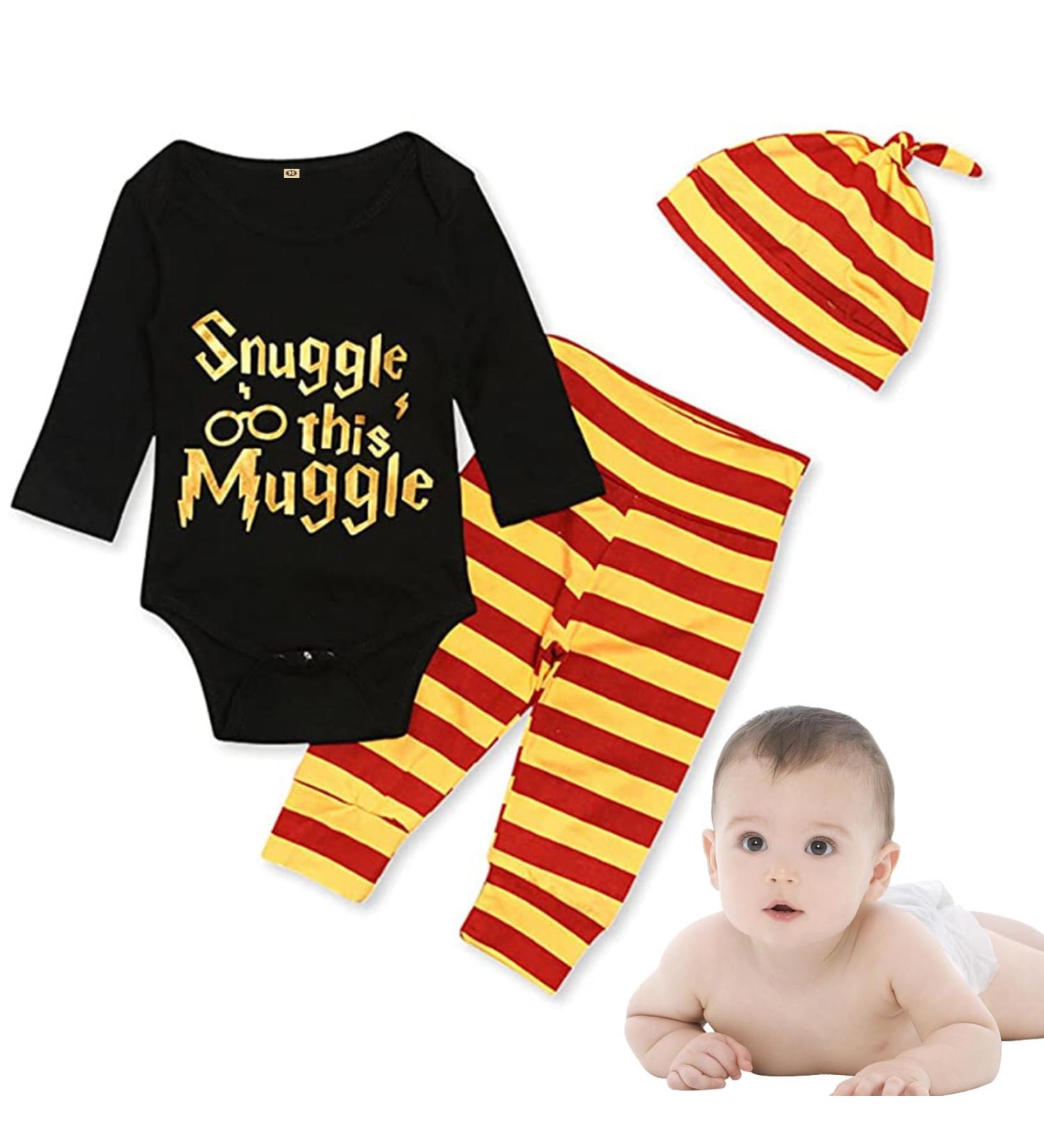 Baby Snuggle This Muggle Bodysuit Set 6-9 Months | Black Long Sleeve Outfit with Striped Pants & Hat - Buy Online on GoSupps.com