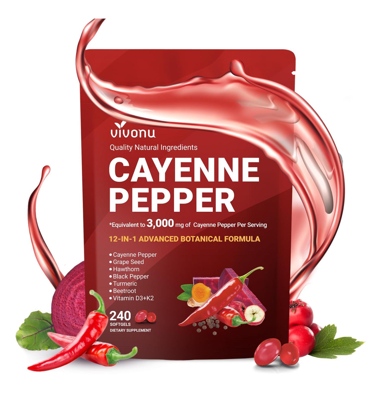 Cayenne Pepper Supplement Supports Leg Vein Heart and Blood Vessel Health with Turmeric Cinnamon Vitamin E D3 K2 & Extracts of Grape Seed Hawthorn Beetroot Berberine and Other (240 Capsule) - Buy Online on GoSupps.com