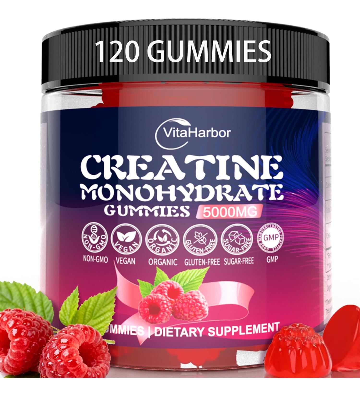 Creatine Monohydrate Gummies 5000mg for Men & Women Organic Pure Creatine Gummies | Sugar Free Vegan Non-GMO Raspberry Flavor 120 Count - Buy Online on GoSupps.com
