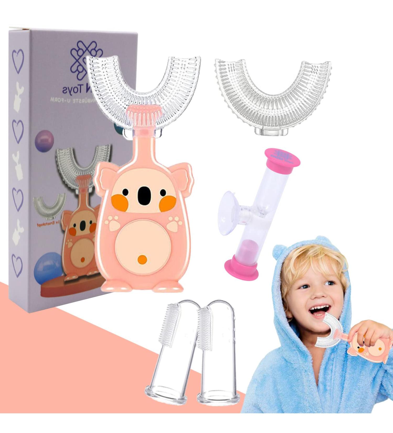 Children's U-Shape Toothbrush Set 5-Piece - Food Milician Silicone Head with Suction Cup | 2-Finger Tip Brush for Kids 2-8 Years - DGN Toys Rosa - Buy Online on GoSupps.com