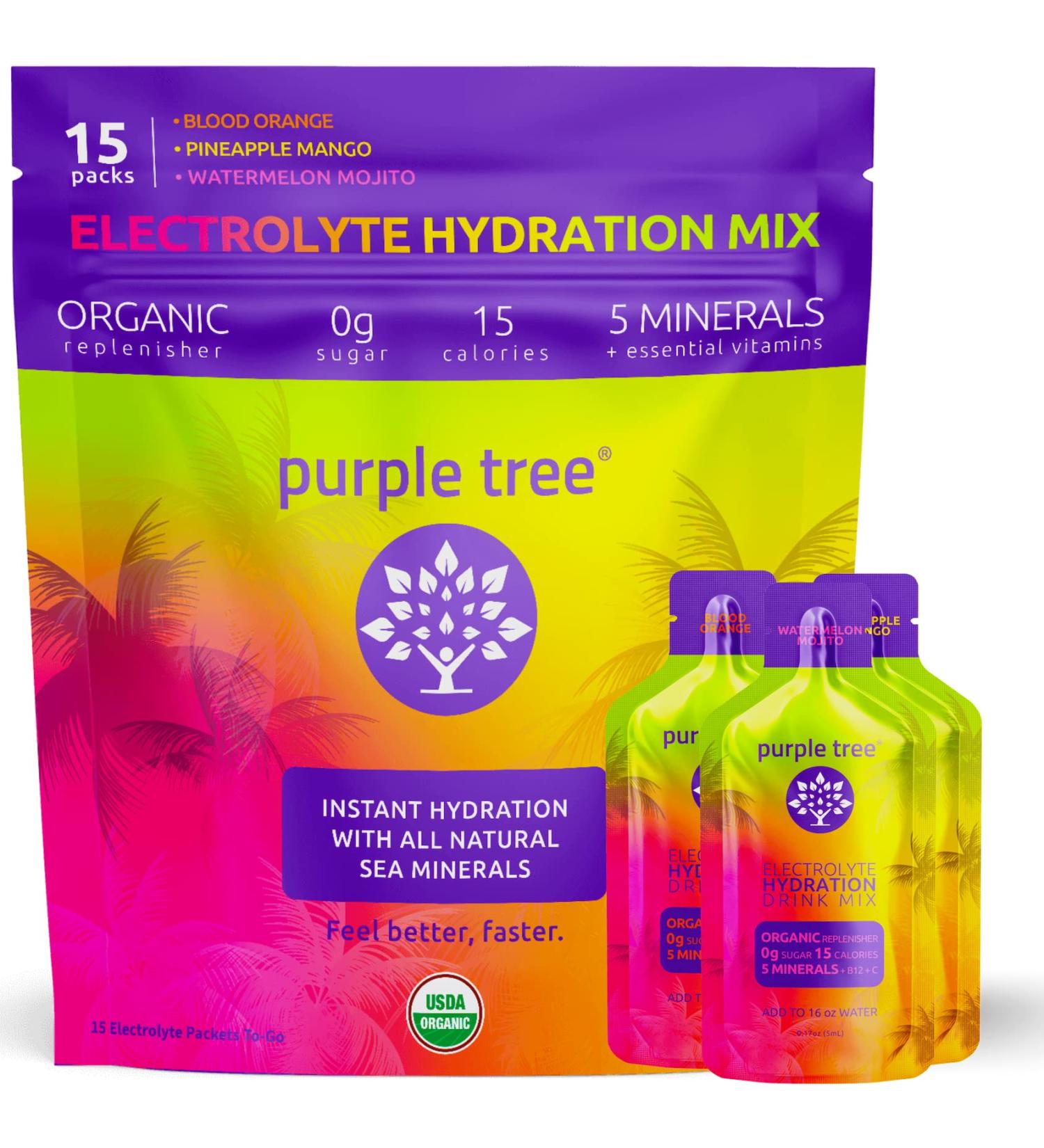 purple tree Organic Electrolyte Hydration Packets Zero Sugar Sea Salts Daily IV Hydrate Packs for Rapid Rehydration Relief - Water Drink Mix Variety Pack 15 Units 0.18 Fl Oz (Pack of 15) - Buy Online on GoSupps.com