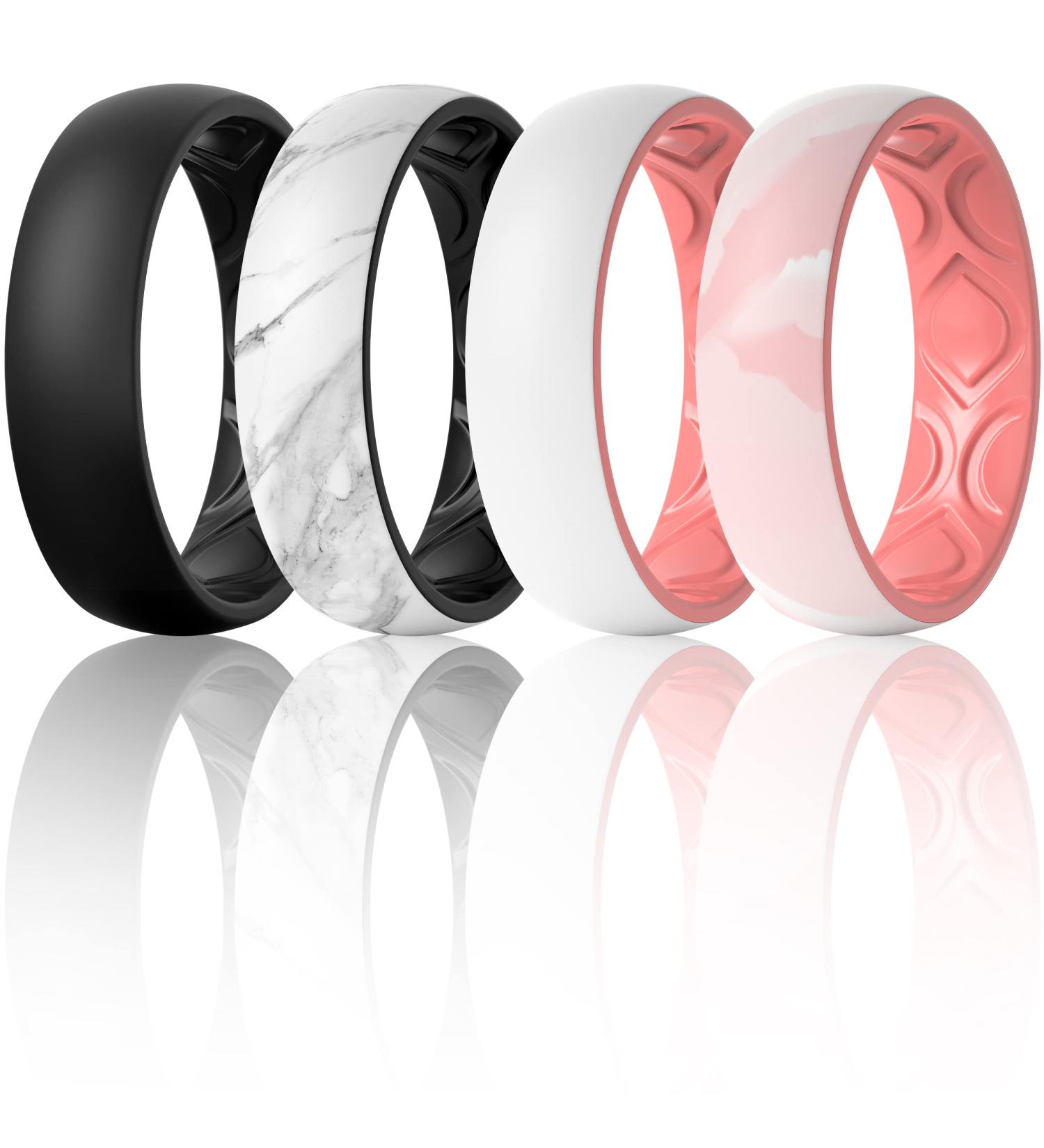 ThunderFit Silicone Wedding Bands for Women - Breathable 2 Layer Multipack | 5.5mm Wide & 1.5mm Thick | Variety Colors (Black-White Marble-Black Light Red) | Sizes 6.5-7 - Buy Online on GoSupps.com