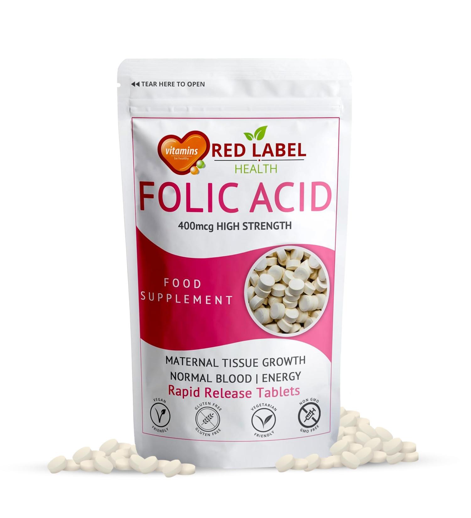 Red Label Health Folic Acid 400 mcg Tablets 60 Vitamin B9 Tablets (2 Month Supply) Folate Fertility Supplement for Women Vegan Vegetarian Supports Maternal Tissue Growth Made in The UK 1 count (Pack of 60) - Buy Online on GoSupps.com
