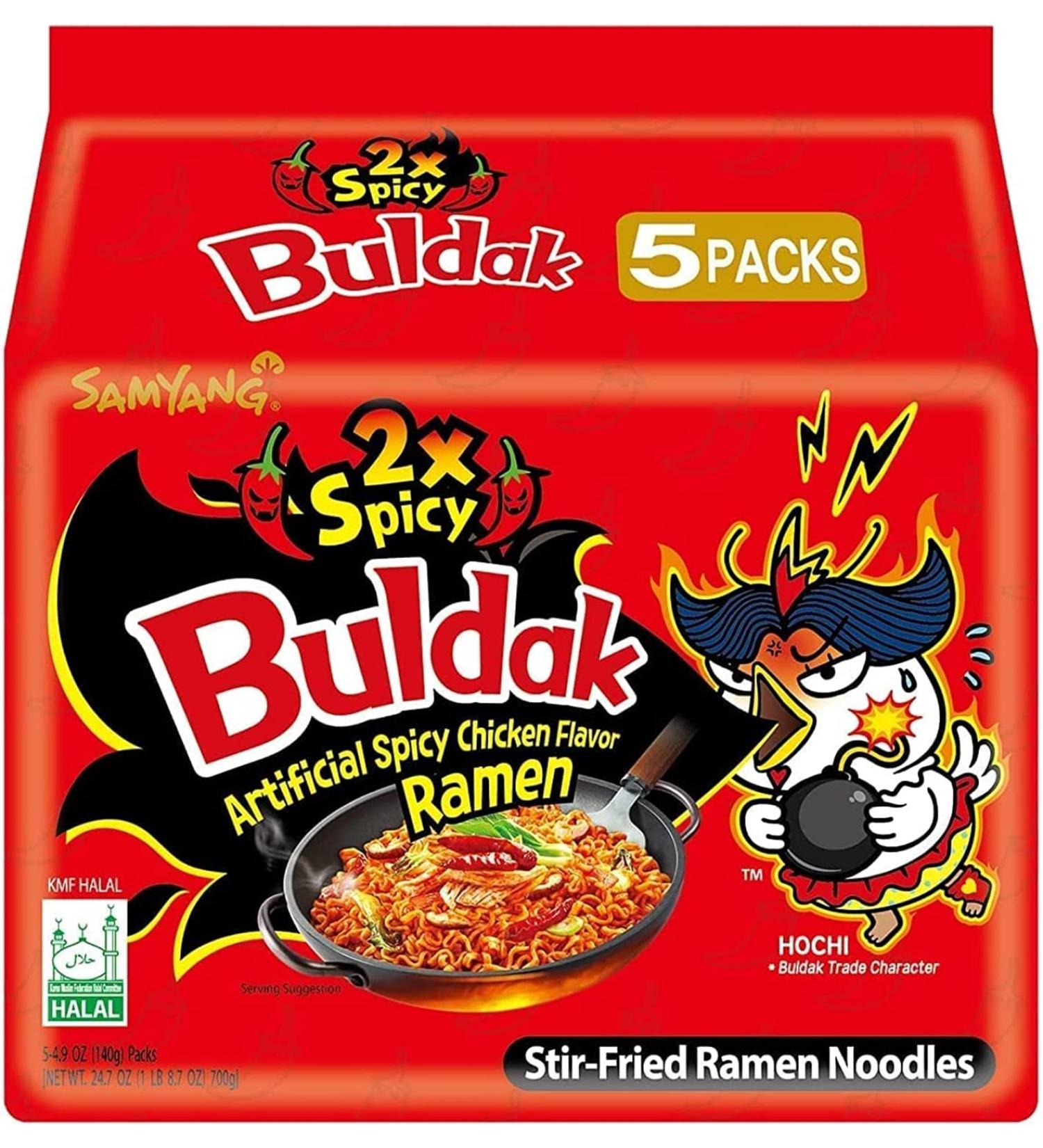 Samyang Buldak Hot Double (2x Spicy) Stir-Fried Korean Ramen Chicken Flavour Ramyun Noodles 140g (Pack of 5) - Buy Online on GoSupps.com