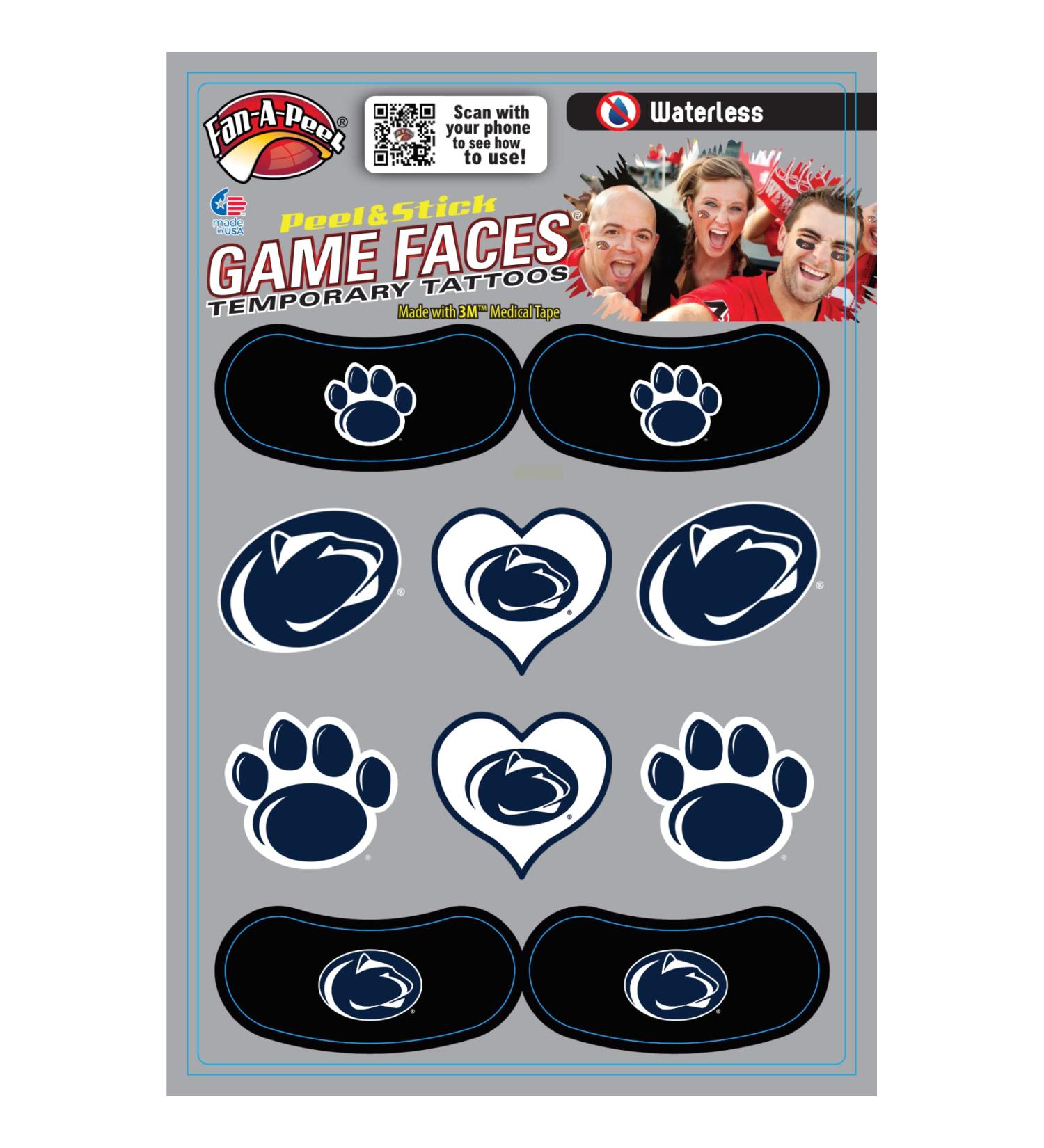 Fan-A-Peel Penn State Waterless Temporary Tattoos - Hypoallergenic Peel and Stick Waterproof Temporary Tattoos
