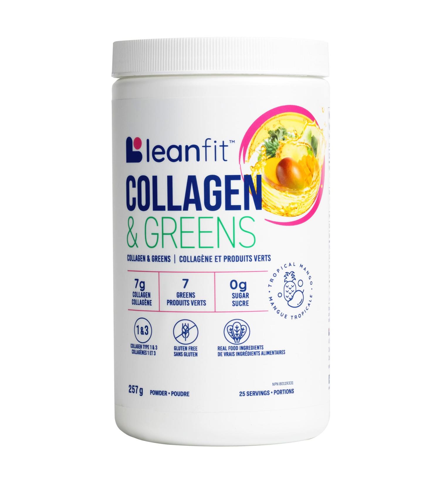 LEANFIT COLLAGEN & GREENS Tropical Mango - 7g Grass-Fed Bovine Collagen (Type I III) + 2 Seaweeds + 5 Leafy Greens Per Serving - 25 Servings 257g Tub - Buy Online on GoSupps.com
