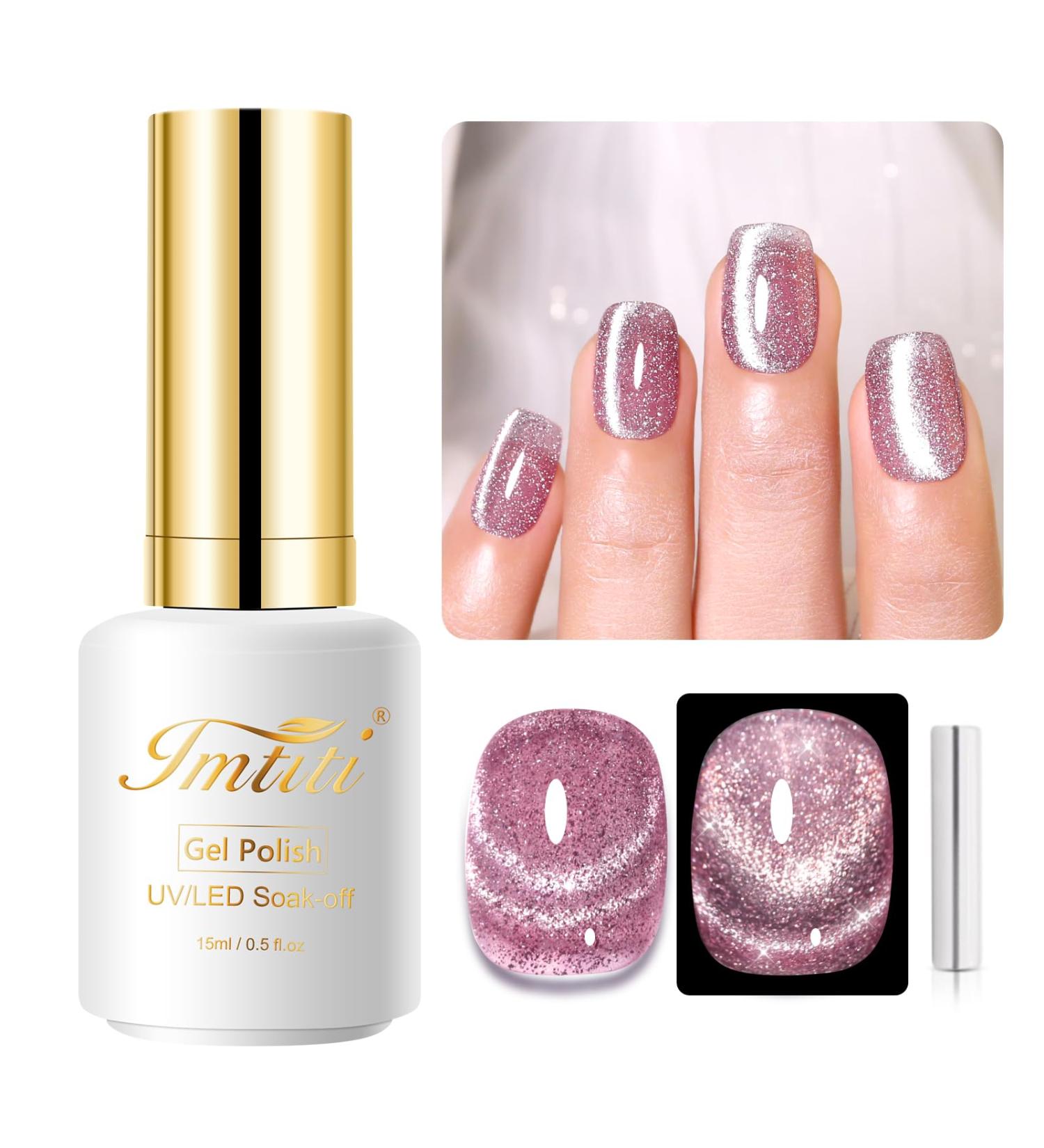 Imtiti Pink Cat Eye Gel Nail Polish 15 ml Glitter Pink Holographic Reflective Sparkle Flash UV Soak Off Gel Nail Polish with Magnetic Stick 1 Piece - Buy Online on GoSupps.com