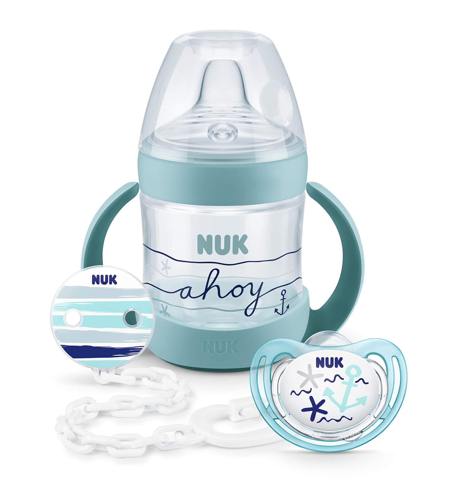 Nuk Nature Sense Beach Set - Drinker Bottle Silicone Pacifier & Chain for 6-18 Months - Eco-Friendly & Safe Green Baby Essential - Buy Online on GoSupps.com