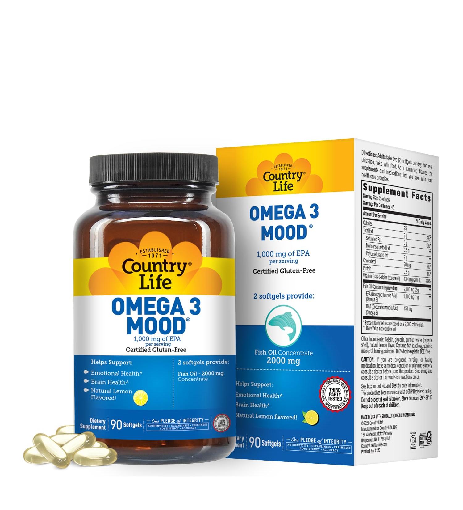 Country Life Omega 3 Mood 2000mg Fish Oil with EPA & DHA Brain Heart & Mood Support Lemon Flavored No Fishy Aftertaste Certified Gluten Free Non-GMO 90 Softgels - Buy Online on GoSupps.com