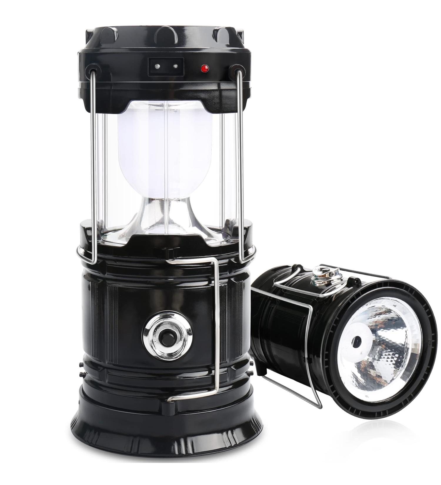 2 Pack Solar LED Camping Lanterns - Collapsible Rechargeable Flashlights for Emergency, Hurricane, Power Outages - Portable Survival Light for Hiking, Fishing - Black - Buy Online on GoSupps.com
