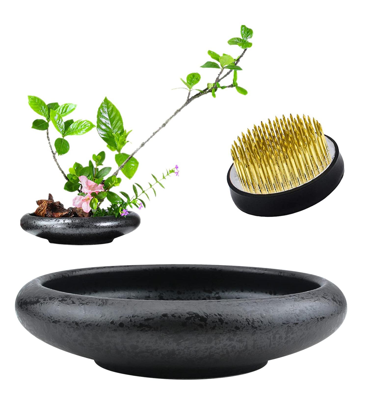 CRAFFANCY Deep Round Ceramic Ikebana Flower Vase with 5cm Kenzan Flower Frog - Black Spotted | Flower Arrangement Supplies for Home Decoration - Buy Online on GoSupps.com